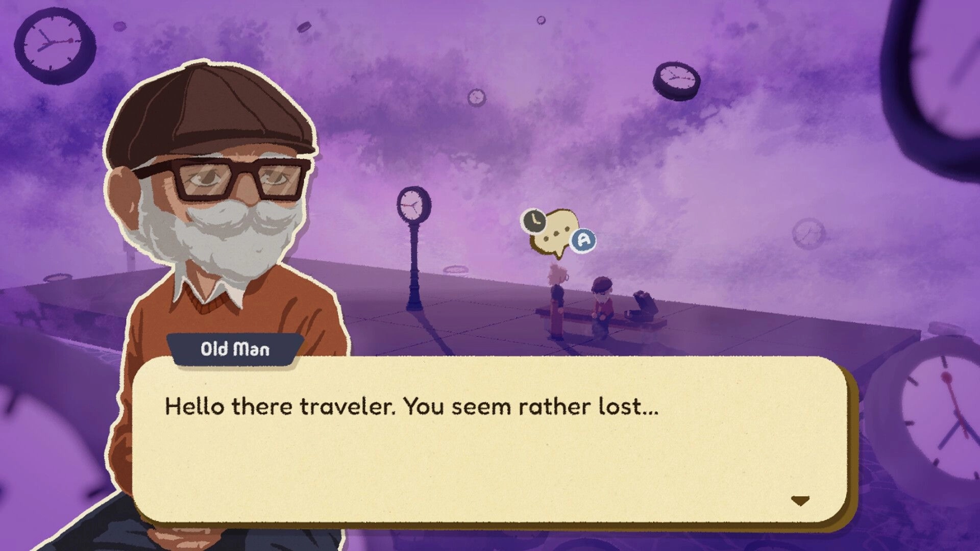 Forgotten Station: Dialogue with Old Man portrait on purple platform amid floating clocks and NPCs.