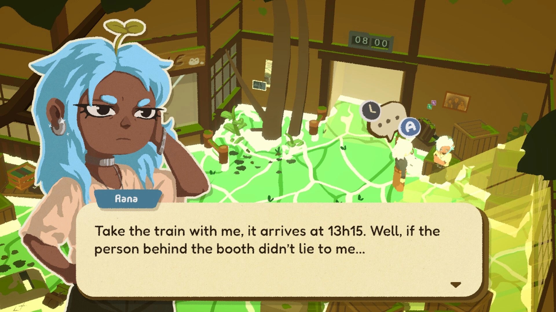 Forgotten Station: Rana dialogue box about catching a train inside a leafy station hall with prompt icons.