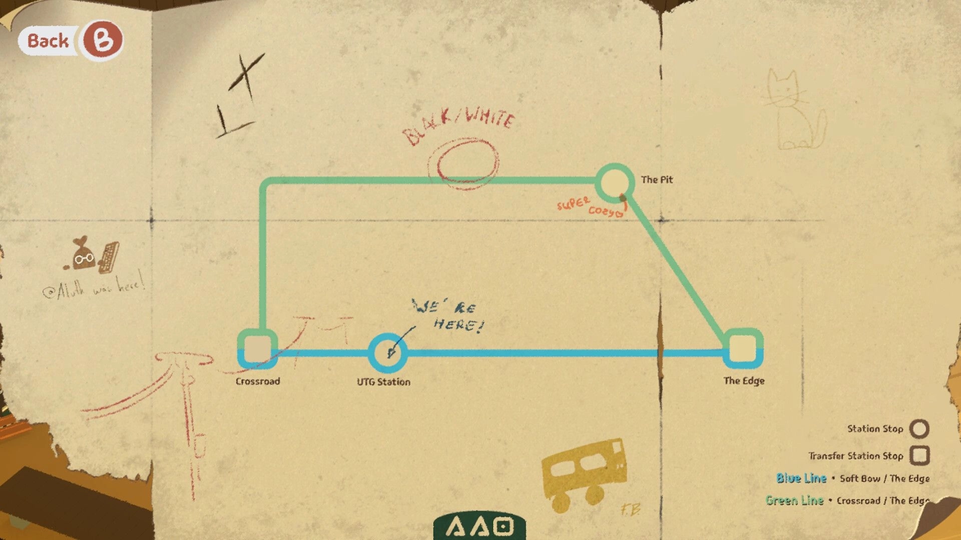 Forgotten Station: Transit map screen with blue and green routes linking stations on a doodled paper background.