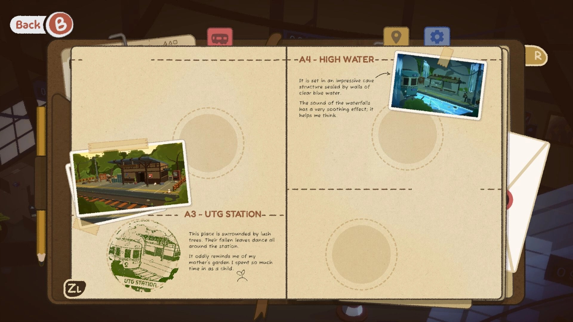 Forgotten Station: Travel journal menu with station photos and notes on a desk, Back button visible.