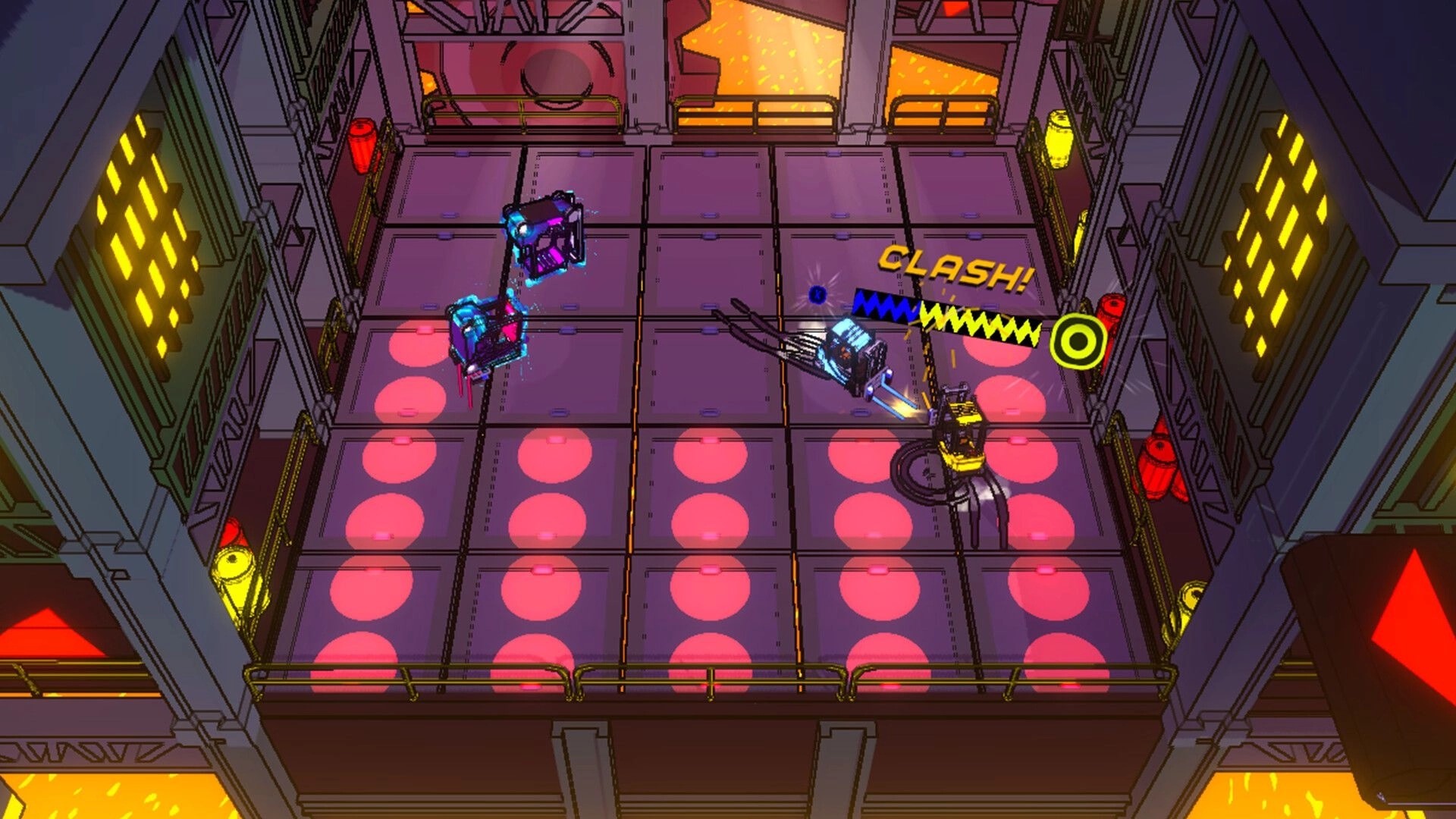 Forklift Fury: Three forklifts clashing in a neon-lit industrial arena with red hazard lights.