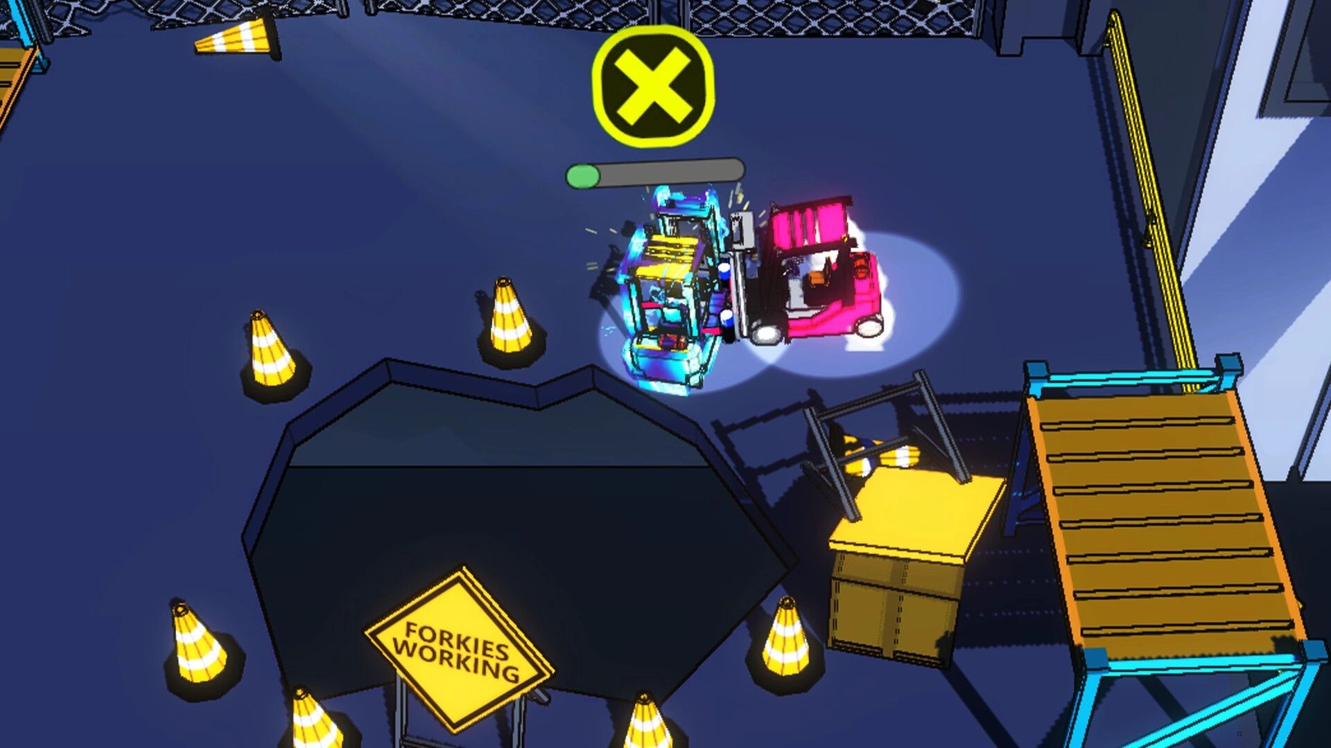Forklift Fury: Two forklifts collide in a fenced arena surrounded by cones with an alert icon above.