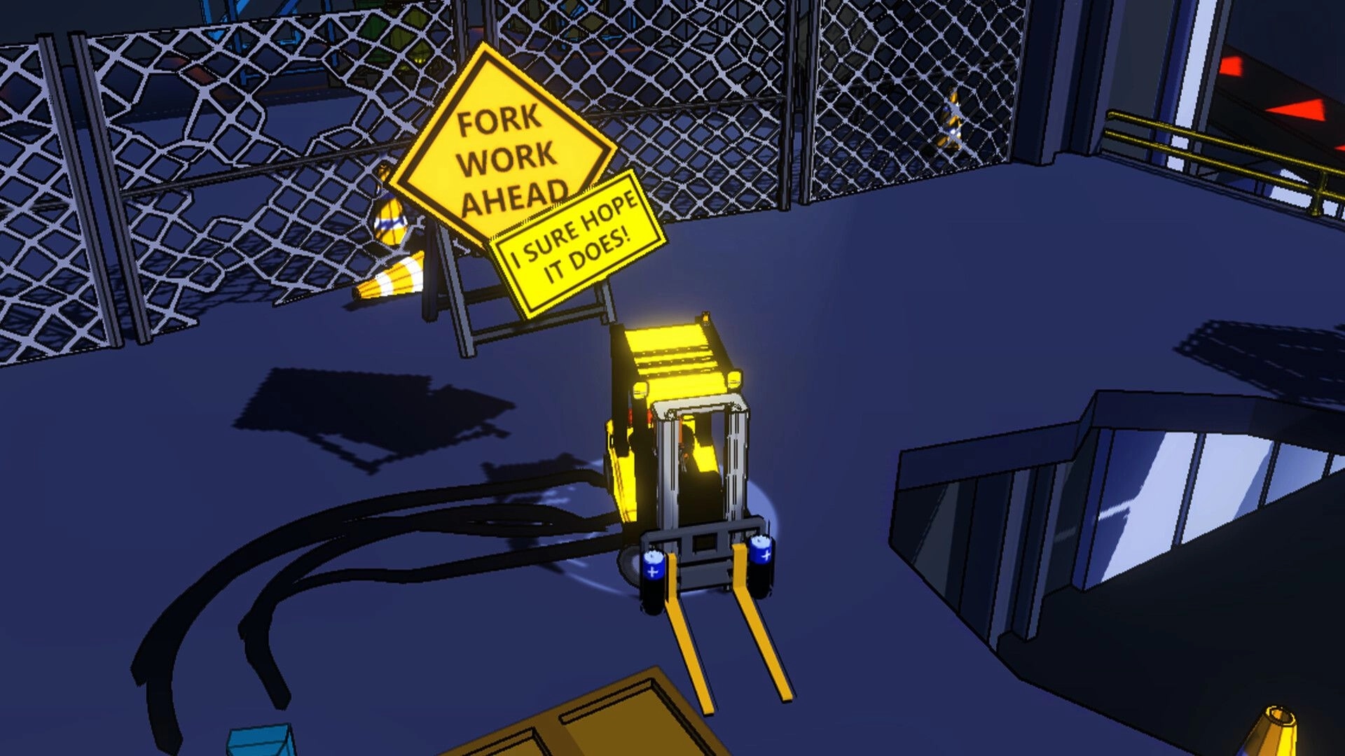 Forklift Fury: Yellow forklift approaches humorous road signs near a chain-link fence in a warehouse.