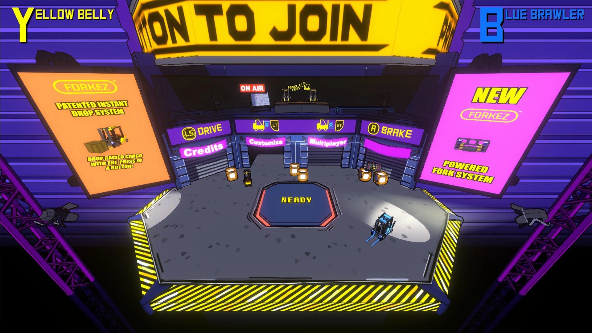 Forklift Fury: Two forklifts in a neon-lit arena with drive and brake controls, ready for multiplayer action.
