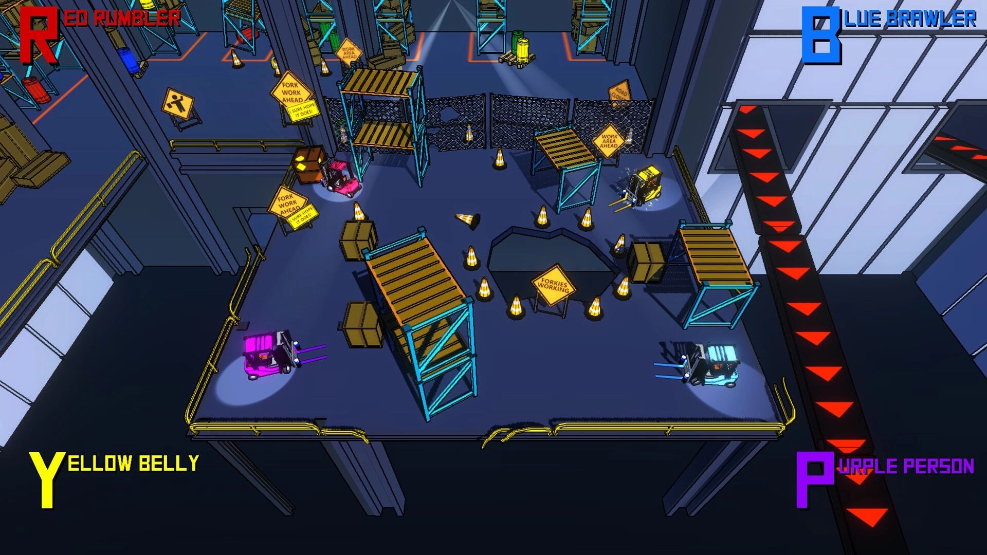Forklift Fury: Forklift battle with Red Rumbler, Blue Brawler, Yellow Belly in warehouse obstacle course