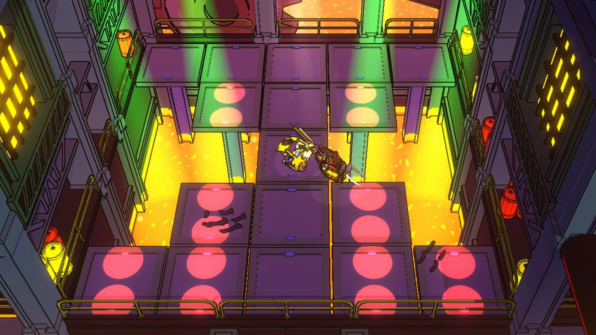 Forklift Fury: Two forklifts in combat on a neon-lit platform above molten lava in a warehouse arena.