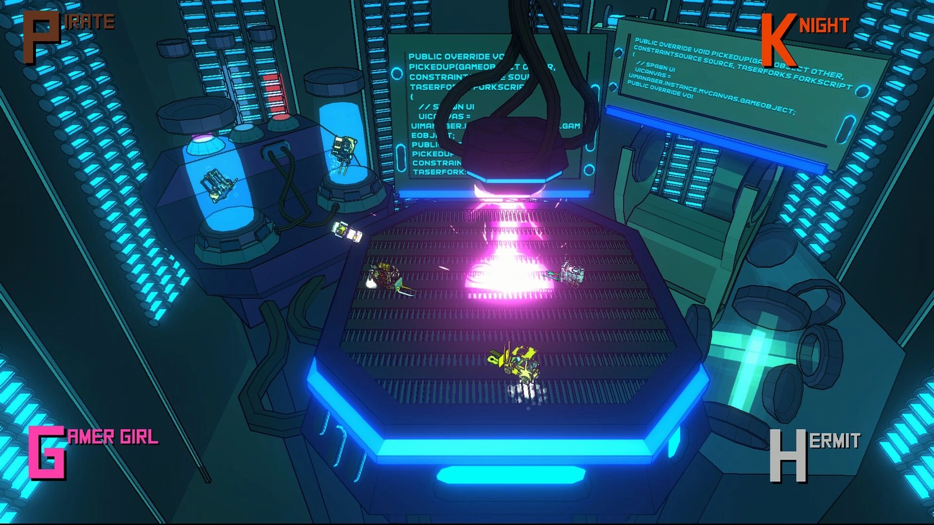 Forklift Fury: Four players battle on a neon-lit platform with code screens and glowing tubes surrounding them.
