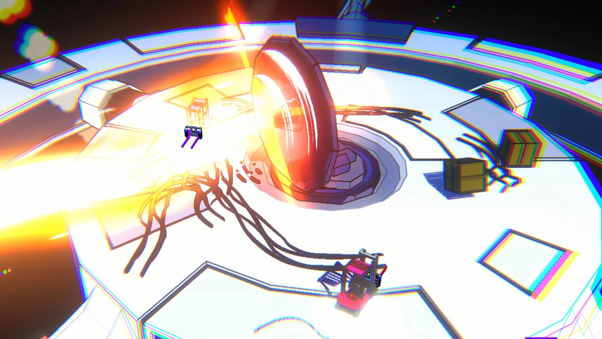 Forklift Fury: Two forklifts battling near a glowing portal in a futuristic arena with scattered crates