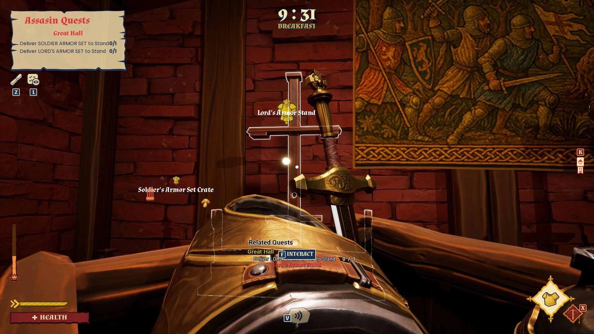Forks and Daggers: Delivering armor to Lord's Armor Stand in Great Hall with quest menu displayed