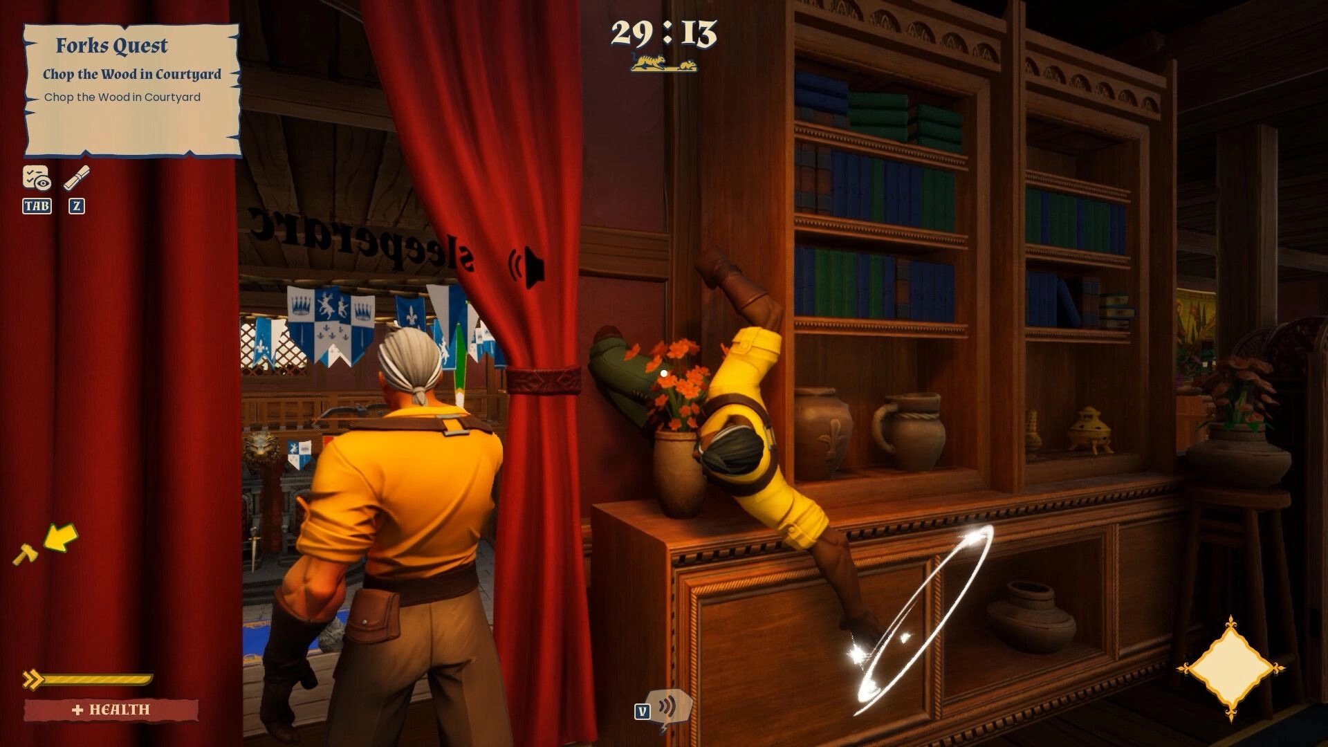 Forks and Daggers: Player in yellow observing courtyard, another character hidden in bookshelves nearby.