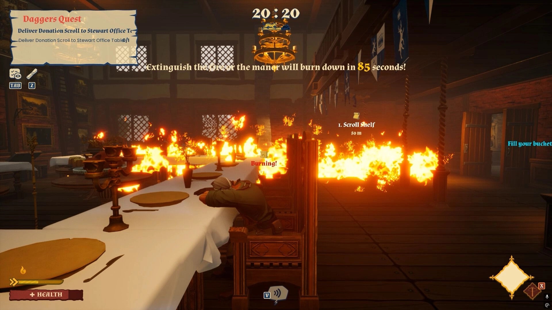 Forks and Daggers: Dining hall engulfed in flames with a character slumped over table, health bar visible.