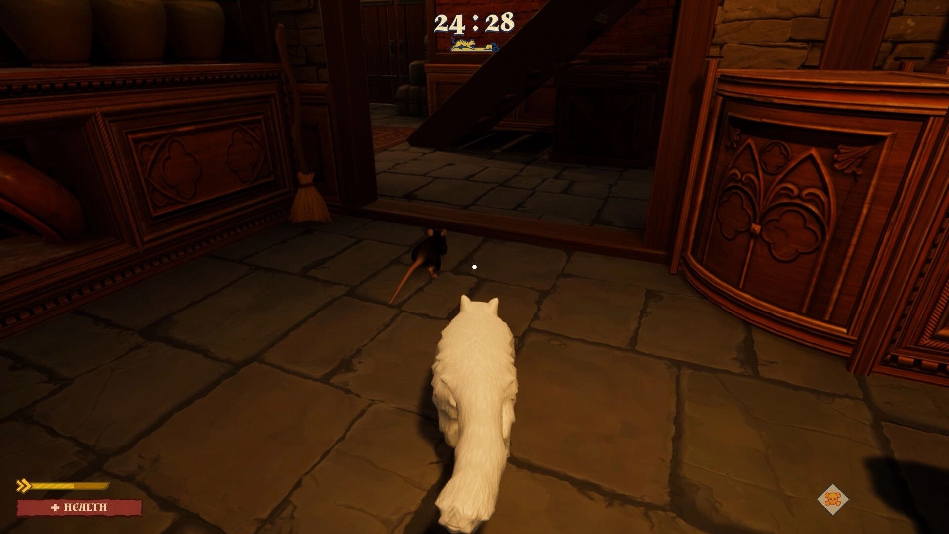 Forks and Daggers: White wolf pursuing a rat in a medieval manor hallway, health bar displayed.