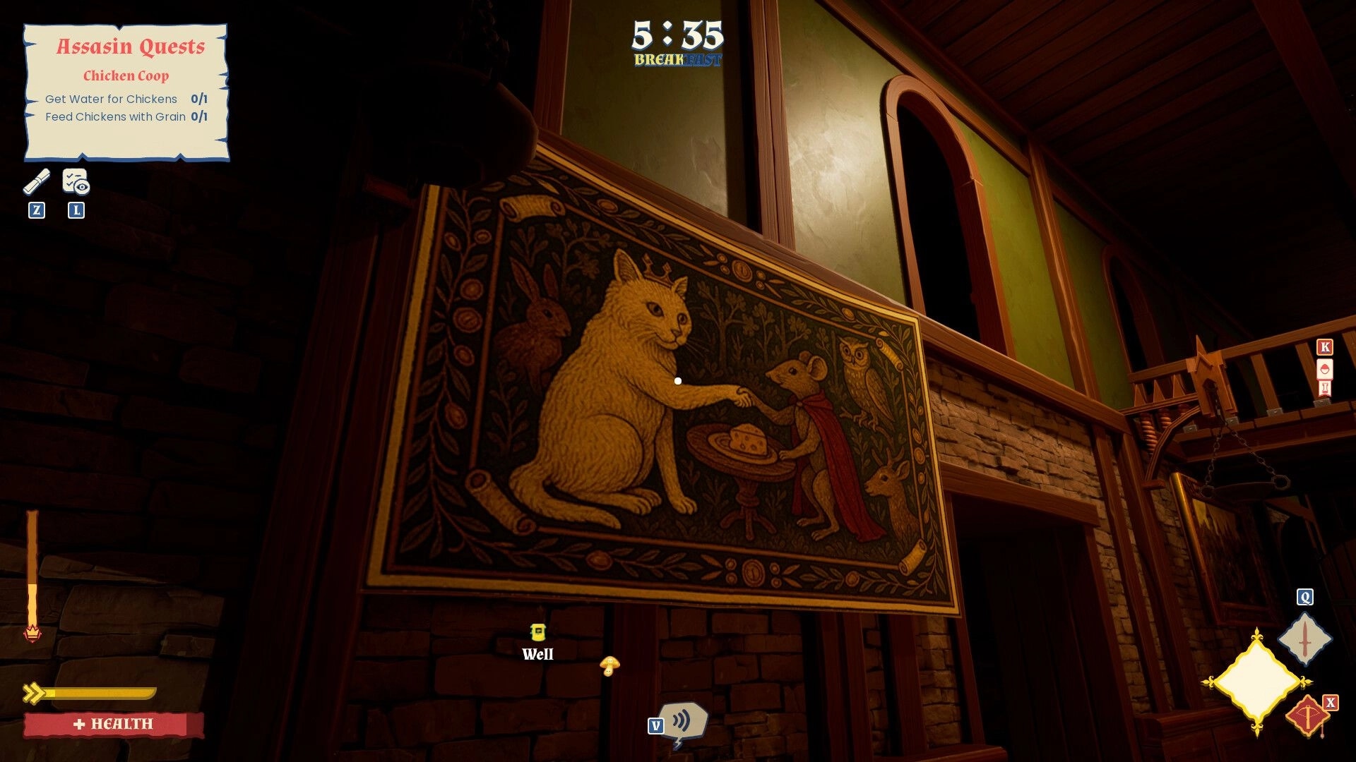 Forks and Daggers: Assassin quests and tapestry of cat and mouse in medieval manor hallway