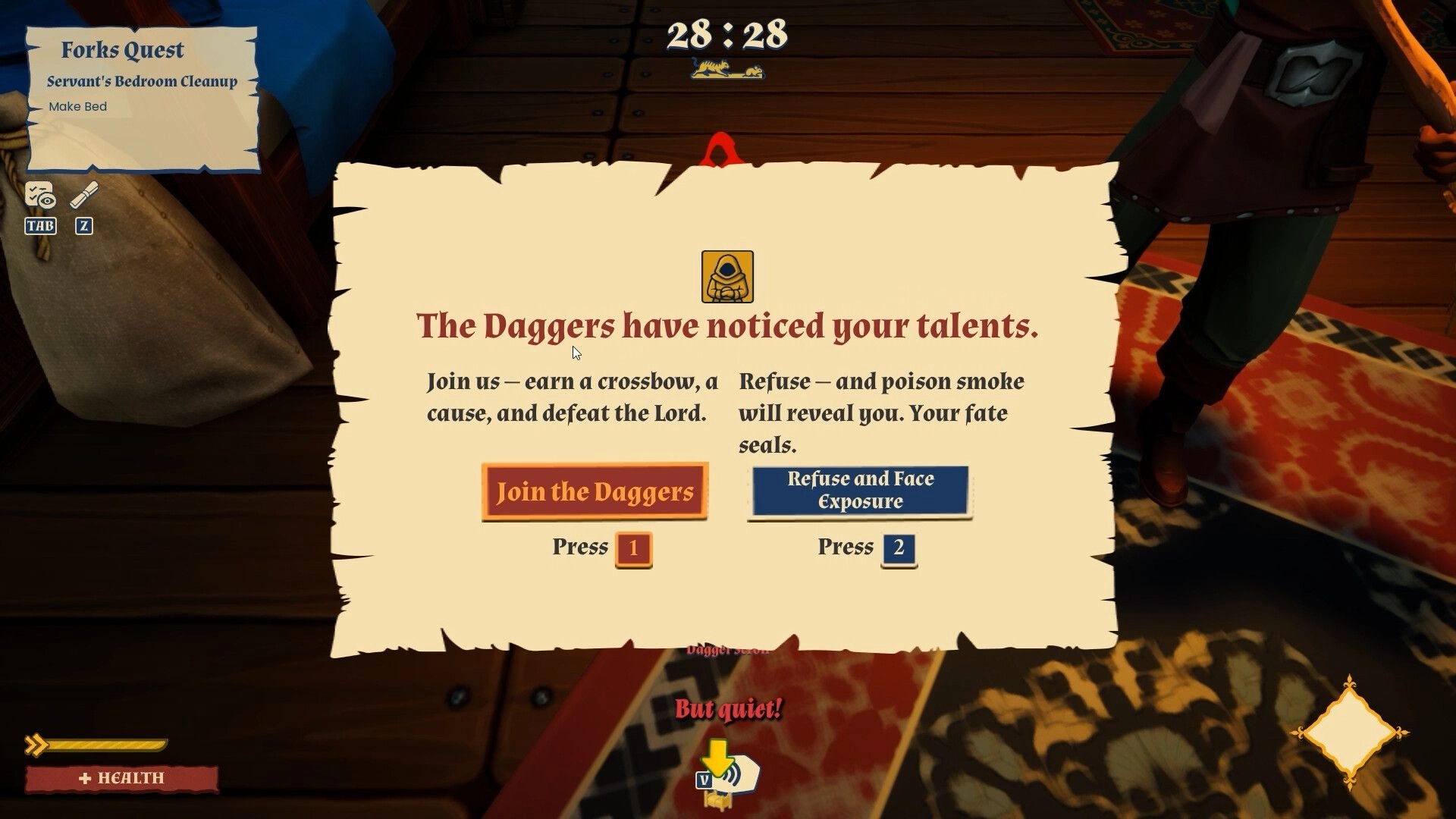 Forks and Daggers: Choice menu in servant's bedroom, join Daggers or refuse with UI buttons and timer