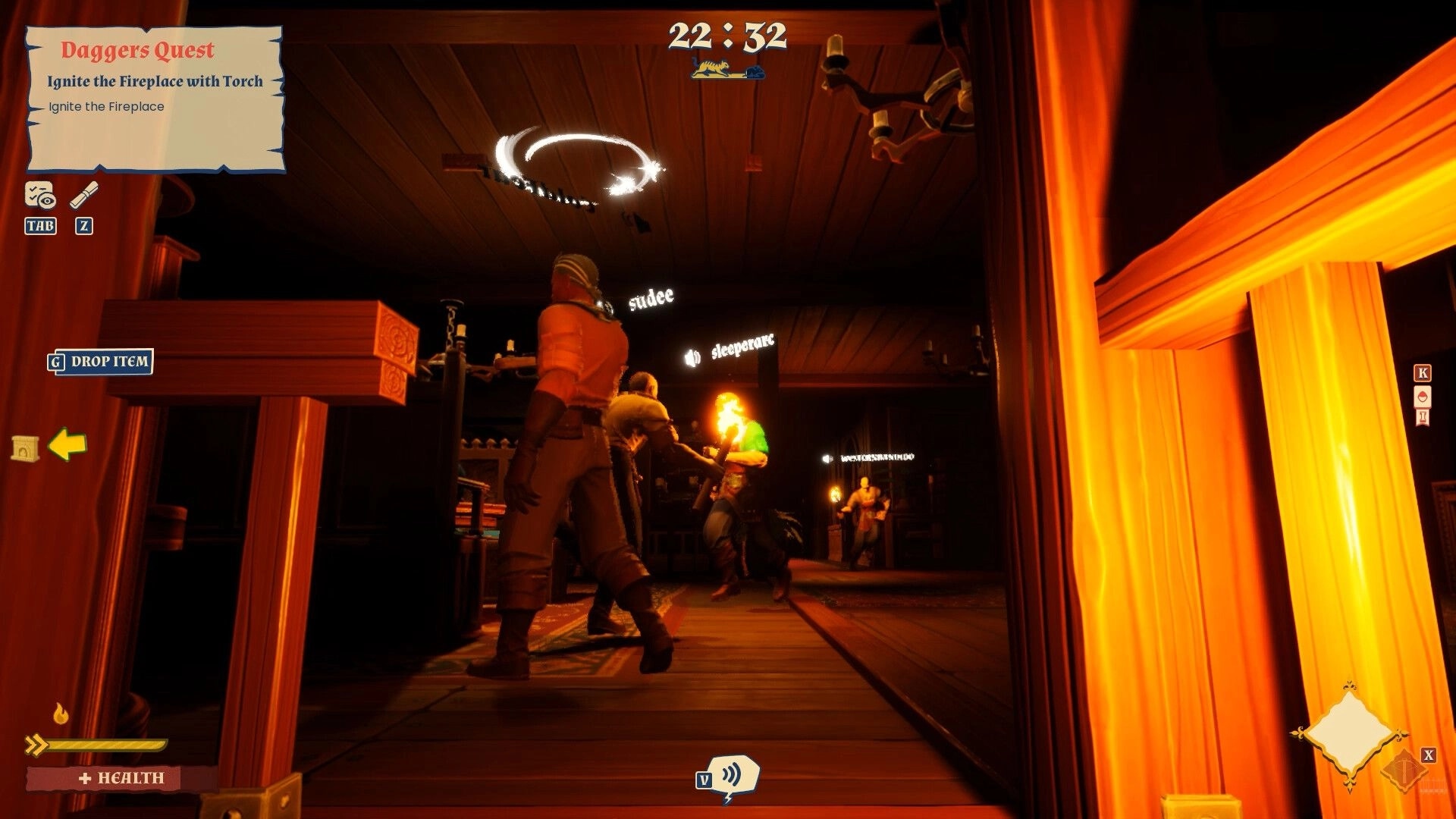 Forks and Daggers: Characters in heated discussion inside a dimly lit medieval manor with UI elements.