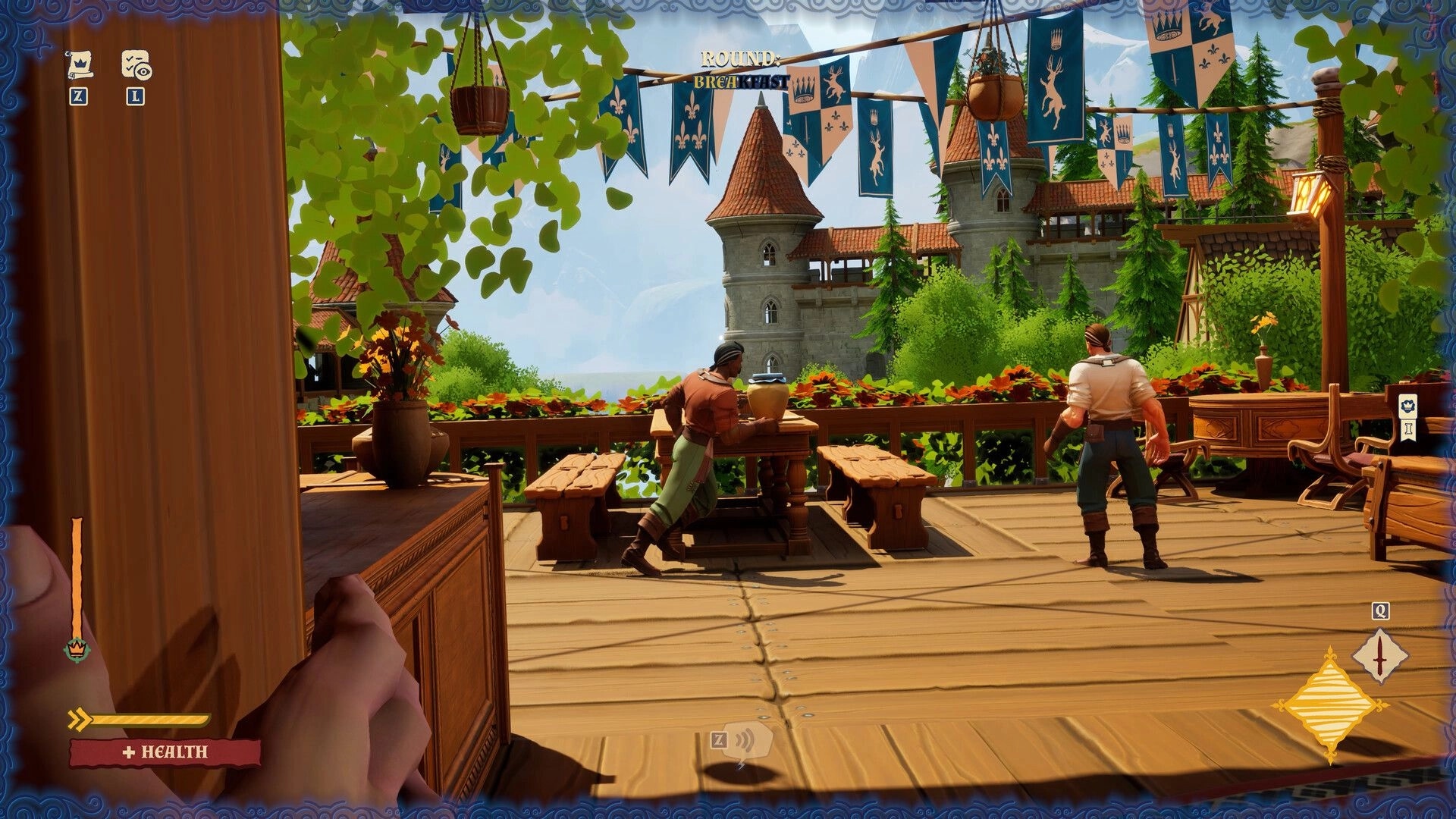 Forks and Daggers: Two characters on a manor balcony, one hiding, surrounded by lush greenery and banners.