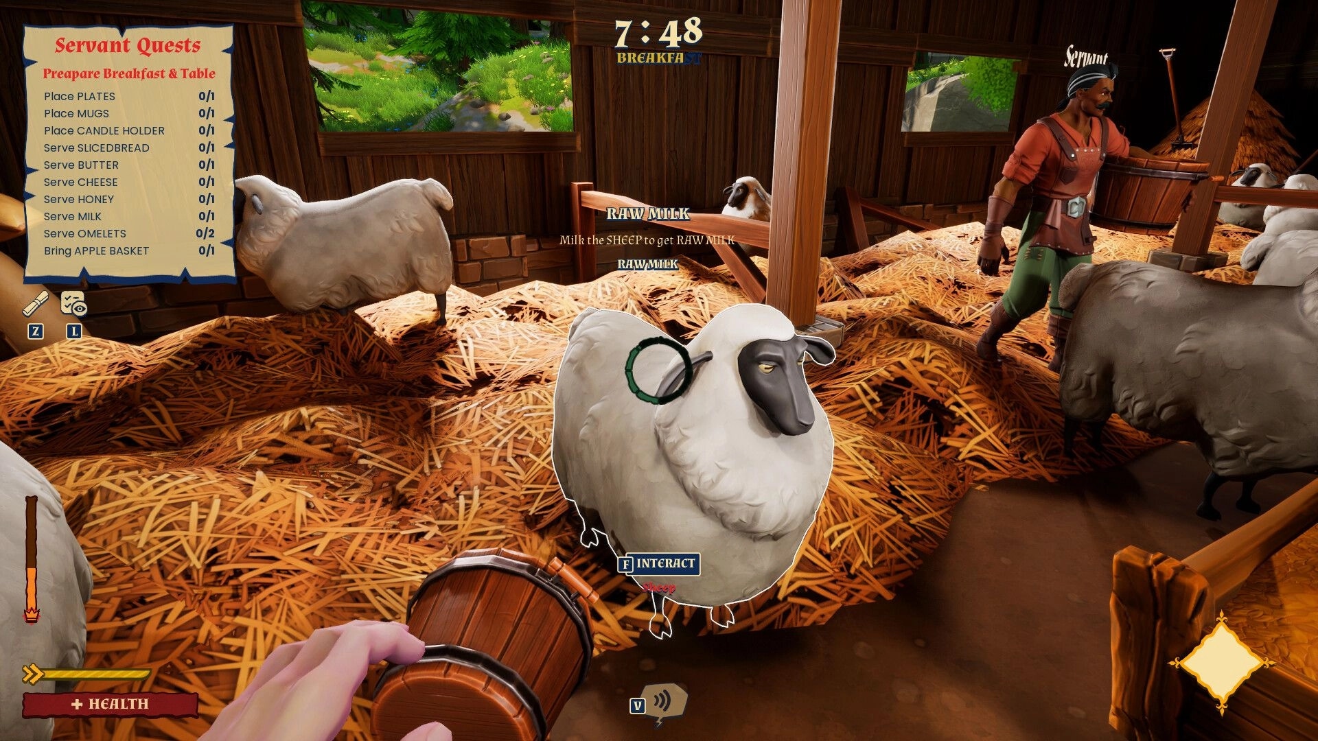 Forks and Daggers: Milking sheep in a barn with quest list on the left and servant character nearby.