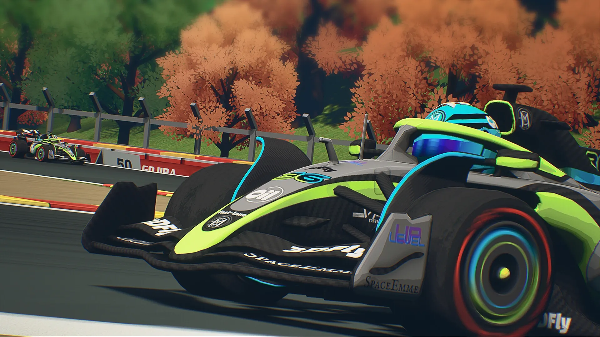 Formula Legends: High-speed race between futuristic cars on a vibrant autumn-themed circuit