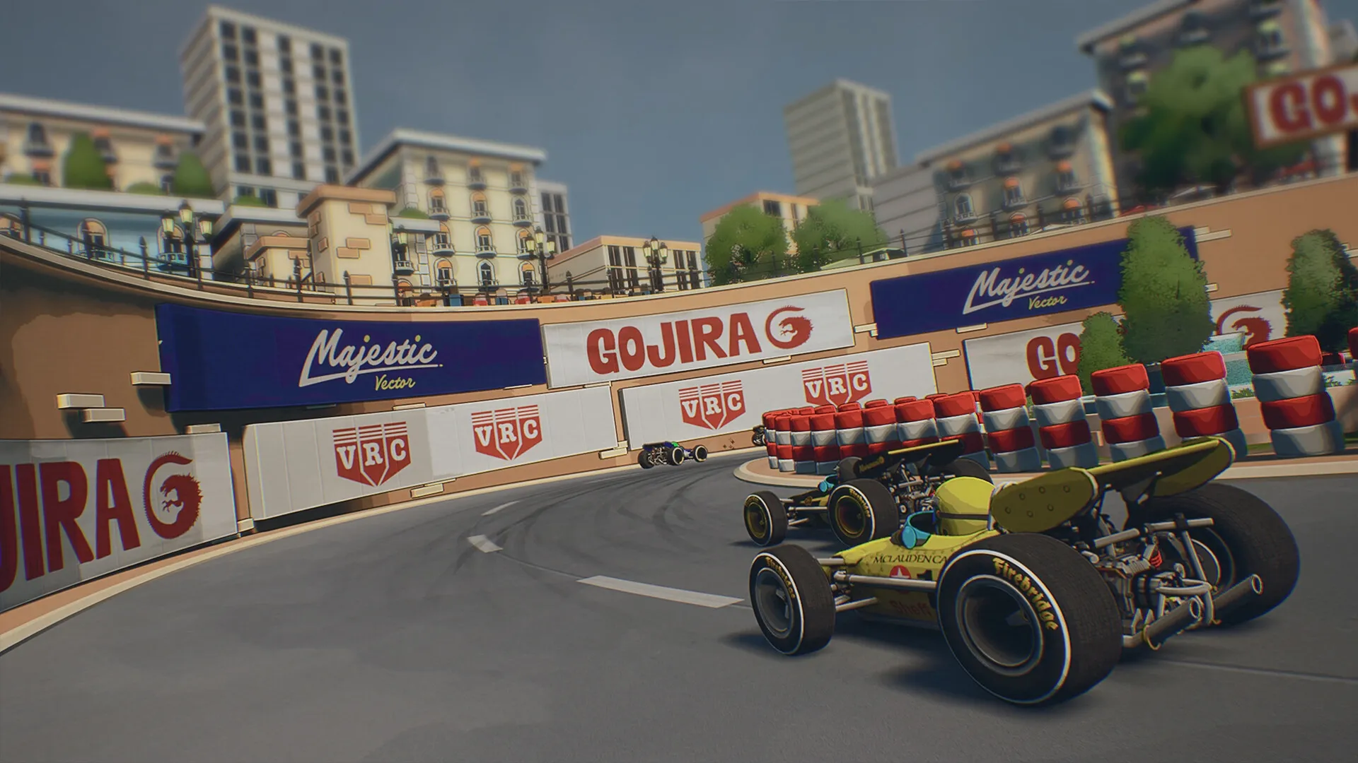 Formula Legends: Vintage race cars navigating sharp city circuit turn with branded barriers visible