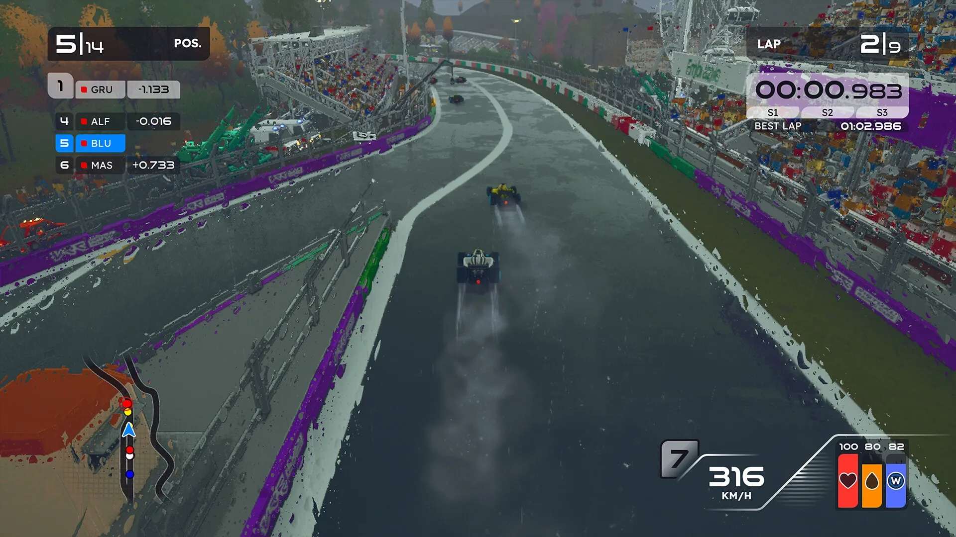 Formula Legends: Racing in the rain, mid-race position and lap time displayed, dynamic track view