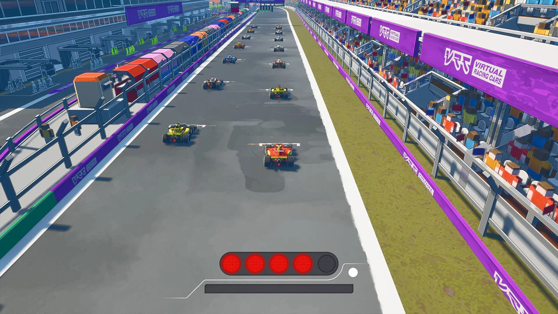 Formula Legends: Race cars on starting grid at modern circuit with pit lanes and grandstands visible