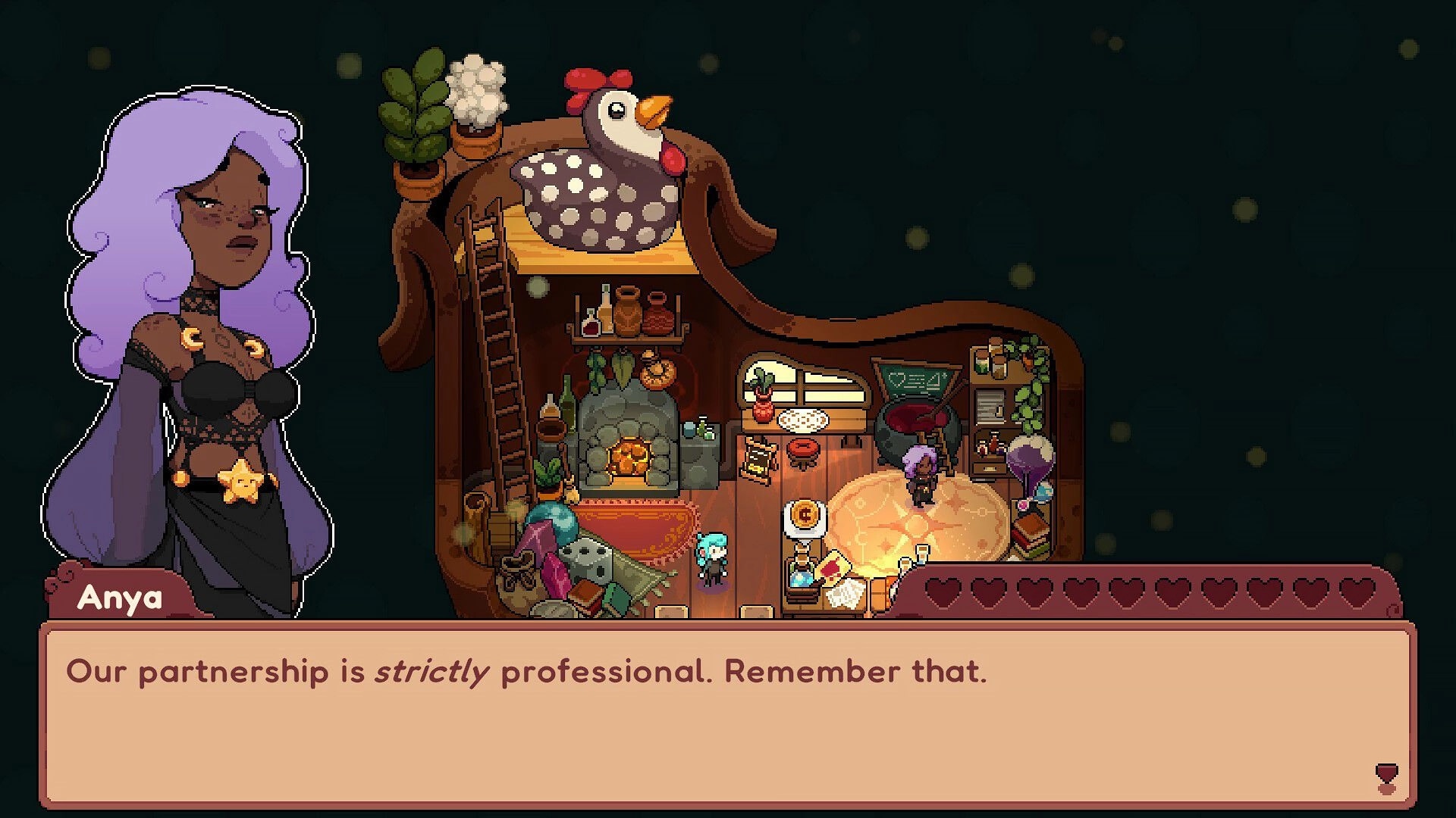 Fourleaf Fields: Anya dialog box with cozy interior view featuring fireplace and various items