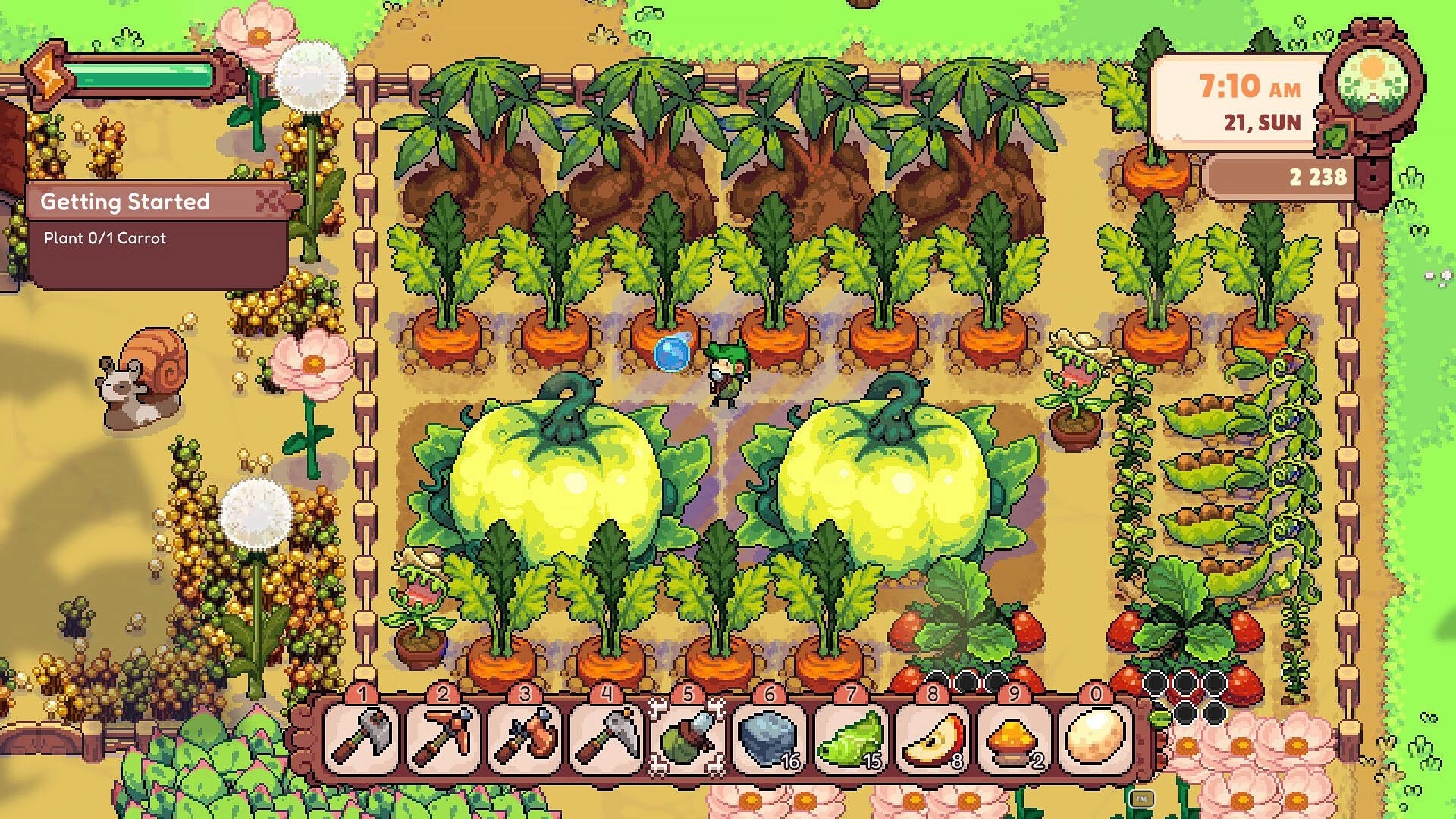Fourleaf Fields: Character tending giant crops and vegetables in a fenced garden with UI and task panel visible.