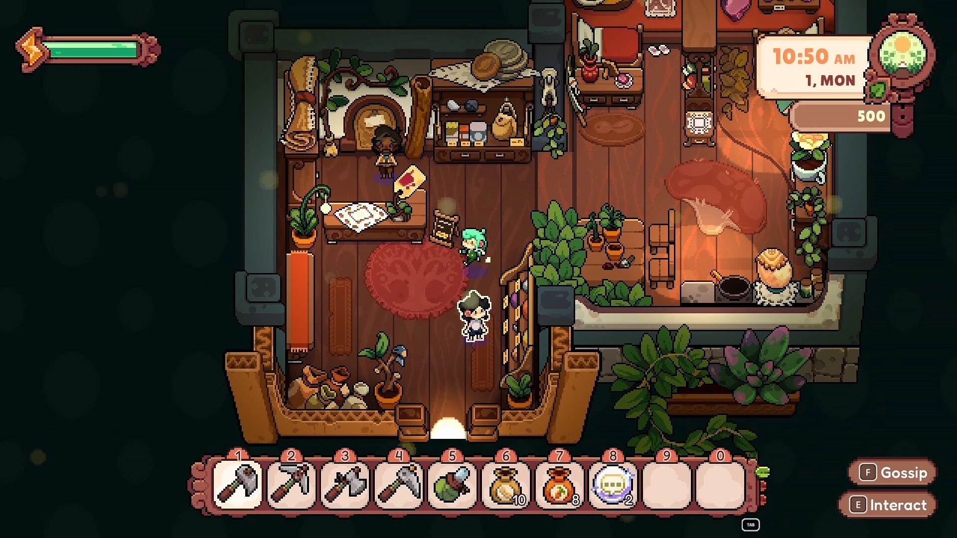 Fourleaf Fields: Player inside cozy cabin with plants, crafting table, and inventory bar at bottom