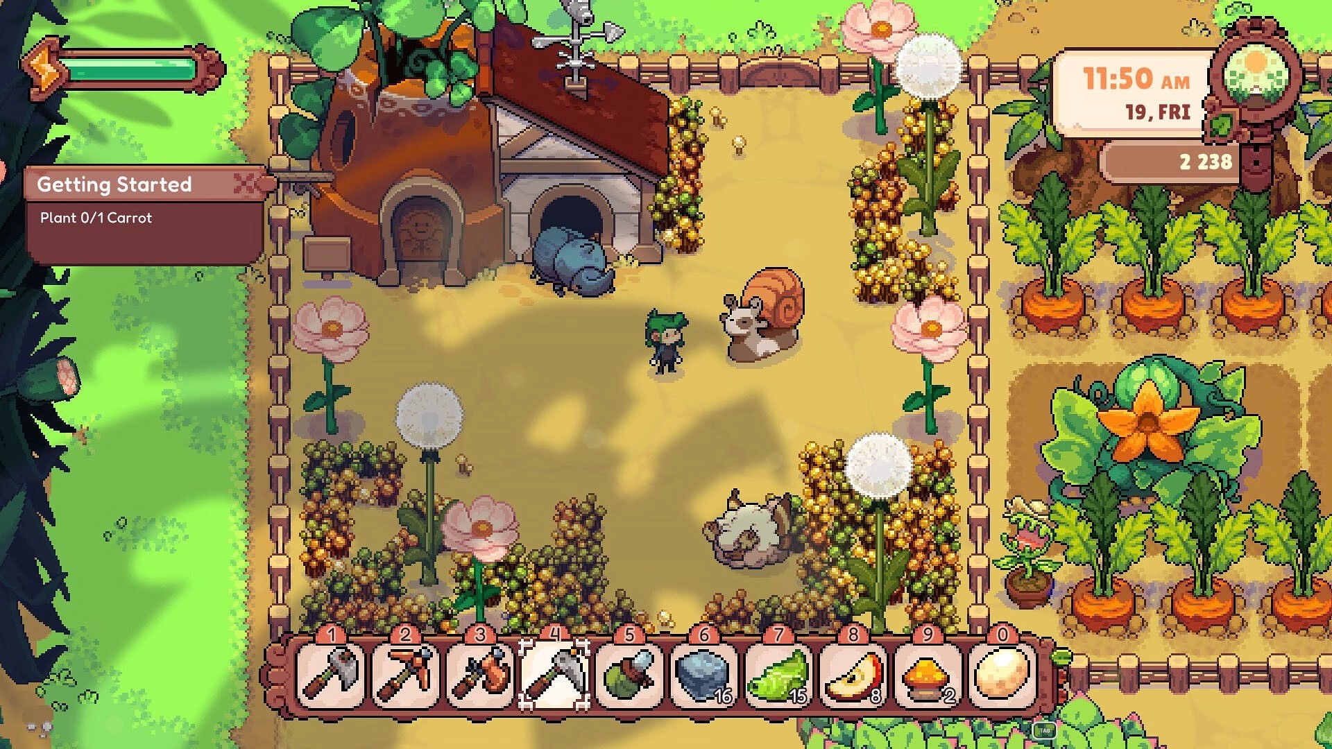 Fourleaf Fields: Player in garden with giant carrots, snails, and tool inventory; morning UI visible