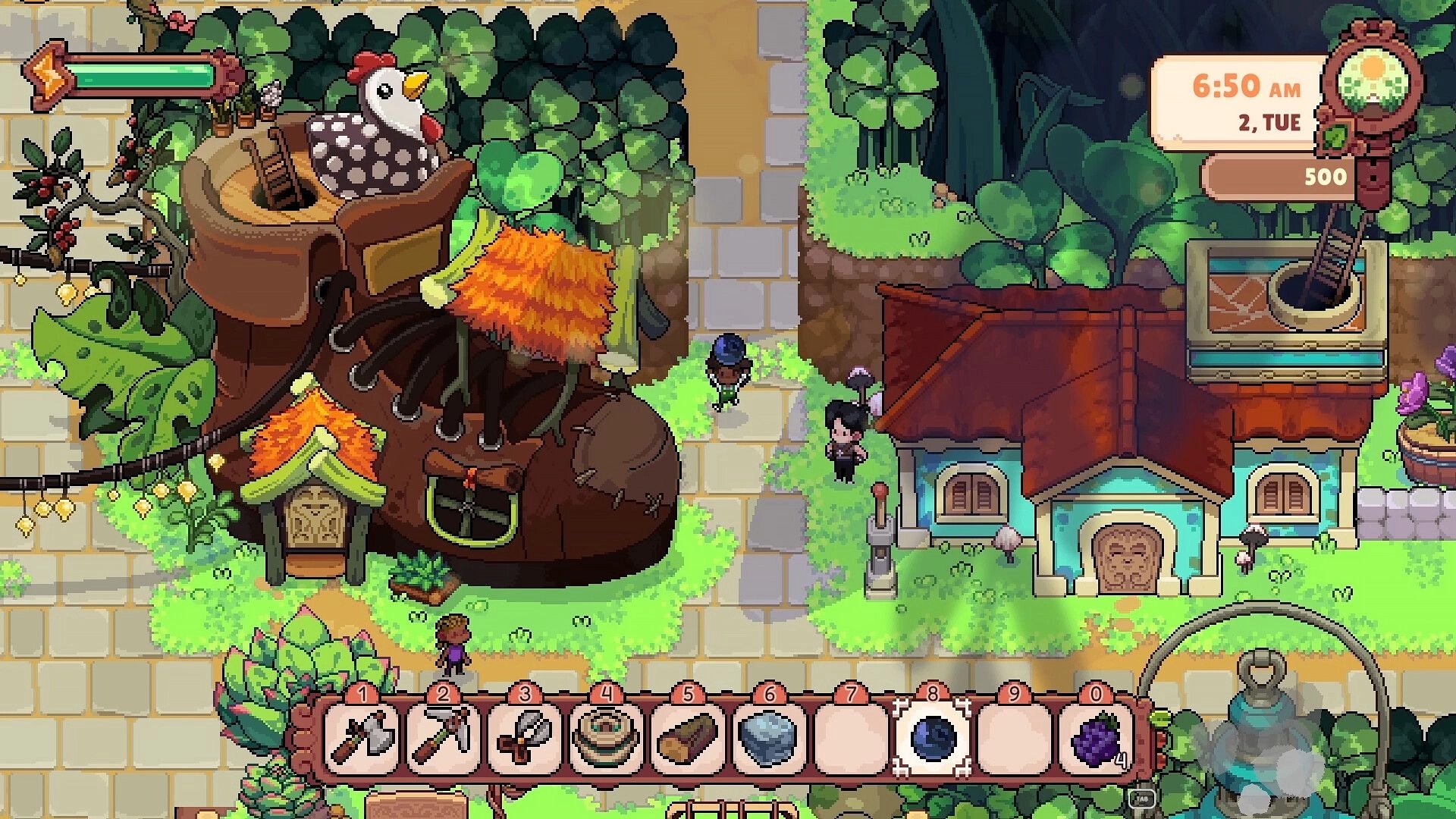 Fourleaf Fields: Character walks past a giant shoe house with a chicken in a lush village setting