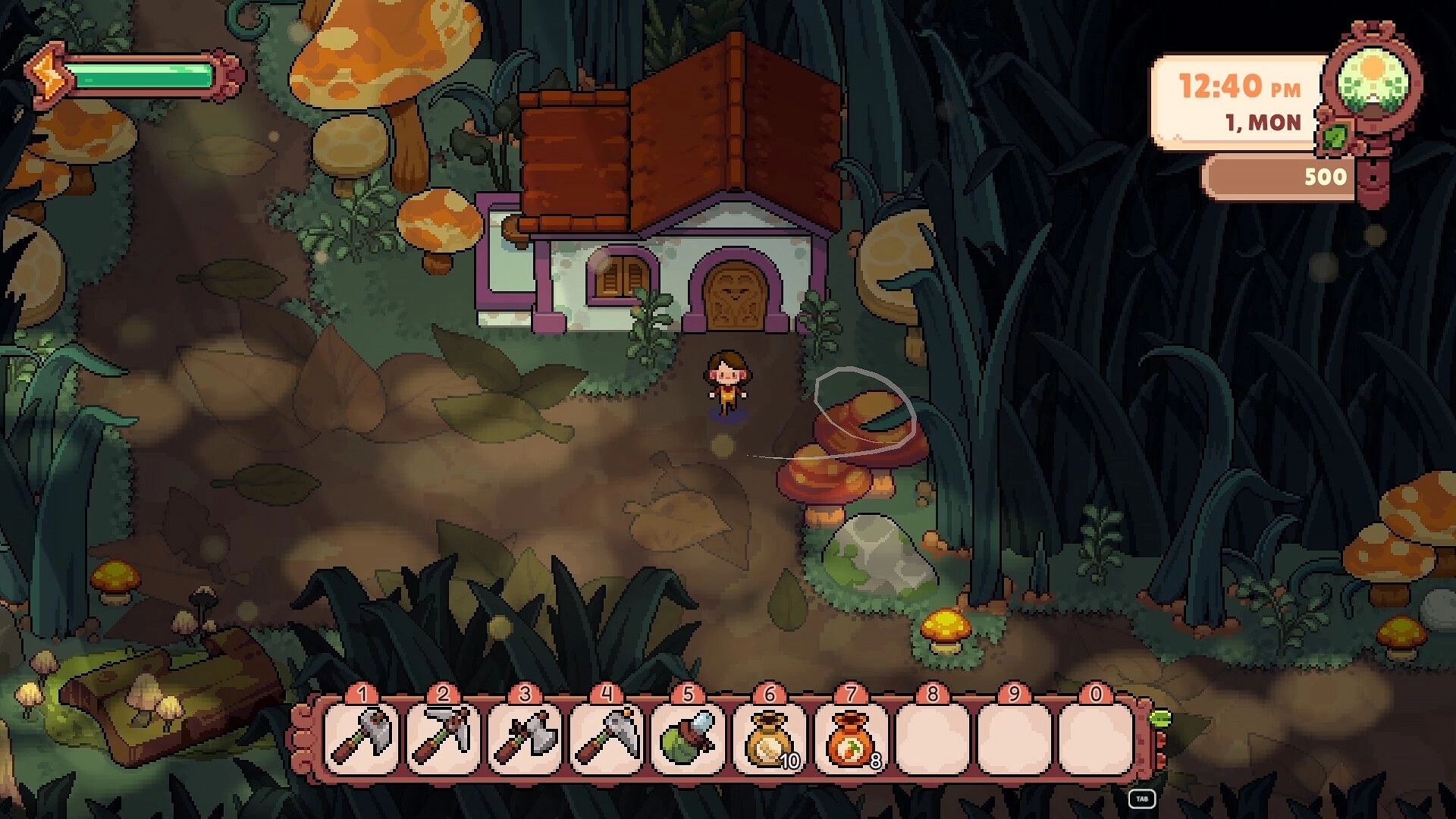Fourleaf Fields: Character stands by cozy cottage surrounded by giant mushrooms with tool inventory visible