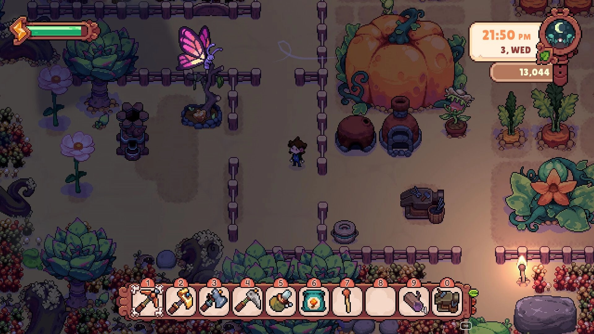 Fourleaf Fields: Character exploring farm with giant pumpkin, butterfly, and visible inventory menu