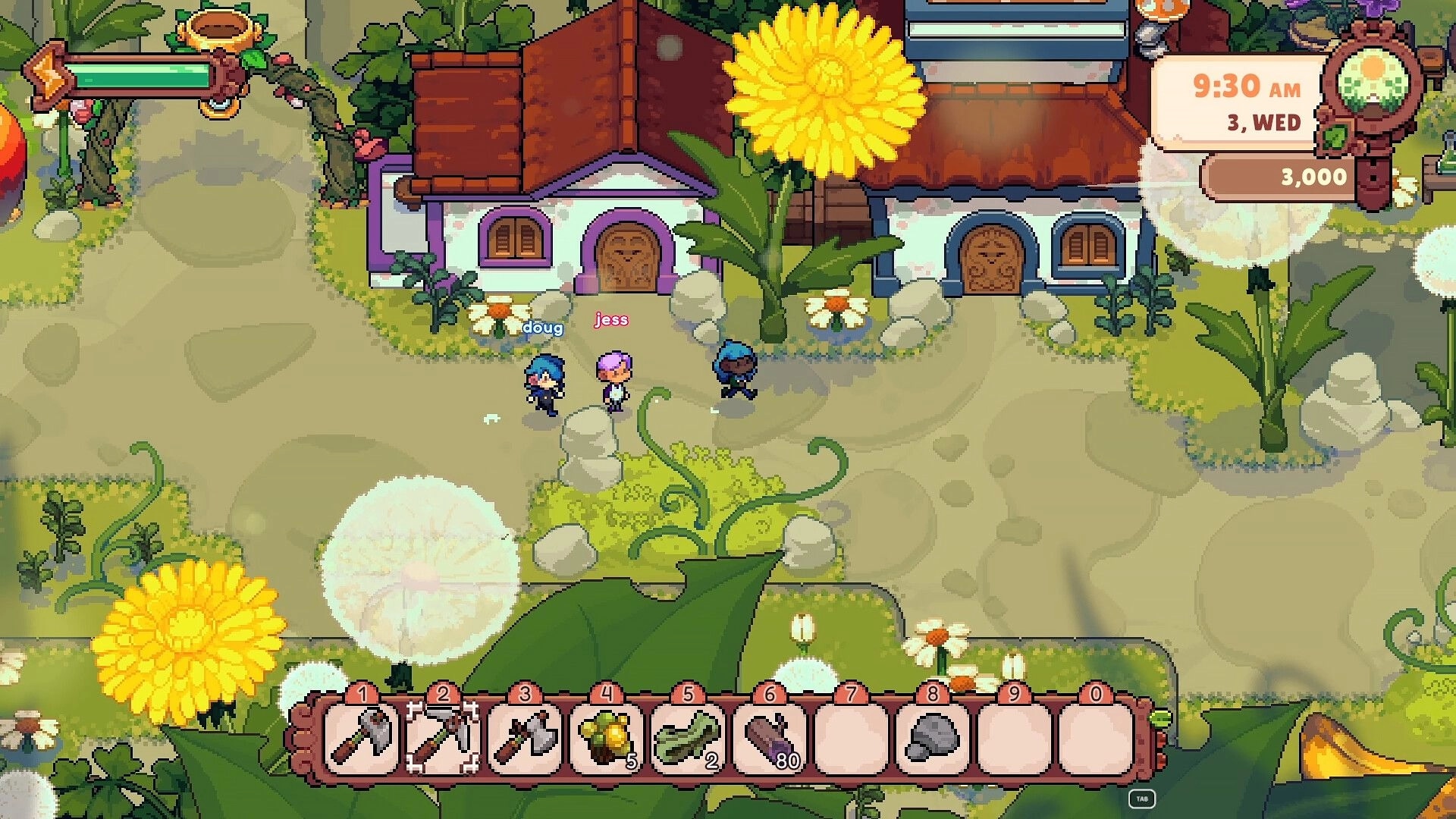 Fourleaf Fields: Doug, Jess, and another character explore village path with inventory bar and giant flowers.