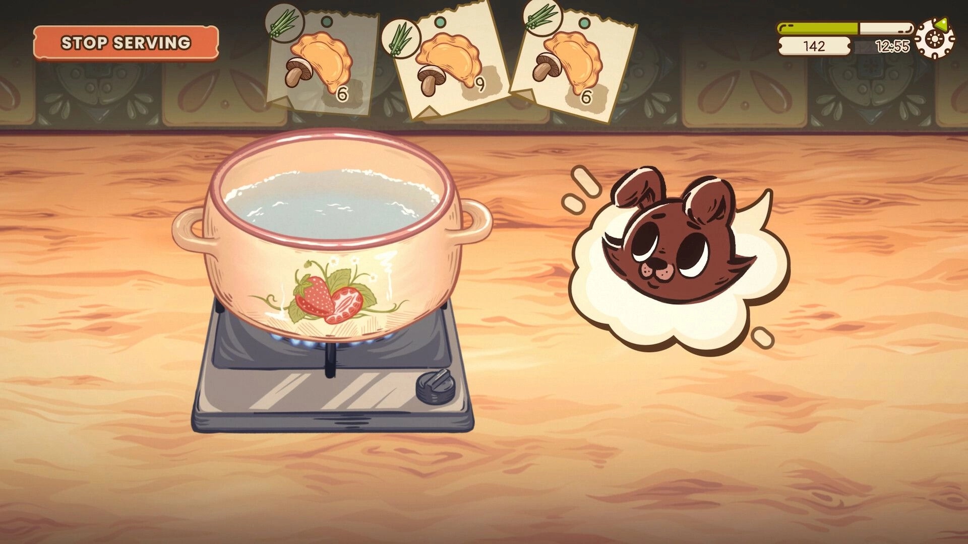 Foxy Dumplings: Pot of water boiling on a stove with ingredient cards and stop serving UI kitchen counter.