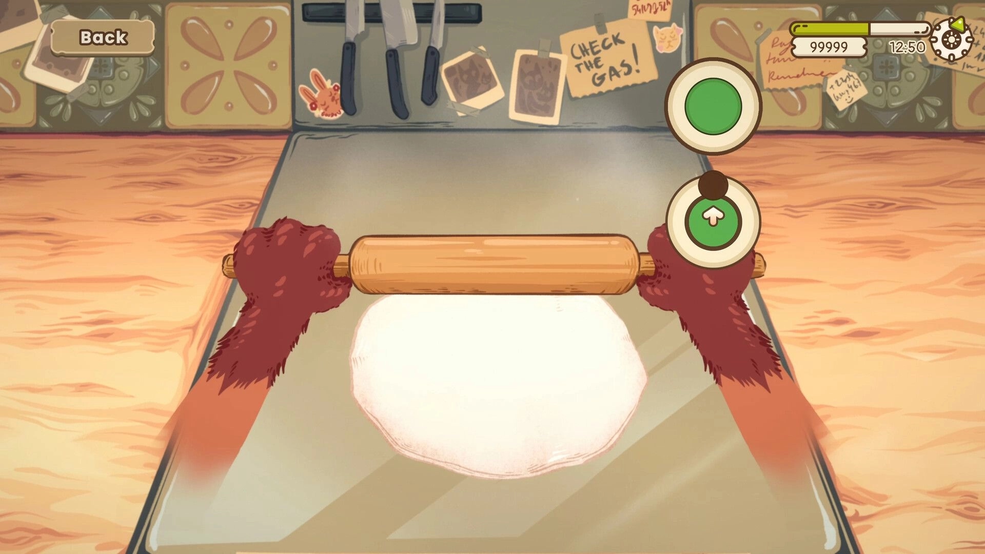 Foxy Dumplings: Rolling dumpling dough with on-screen timing prompts in a cozy food truck kitchen UI.
