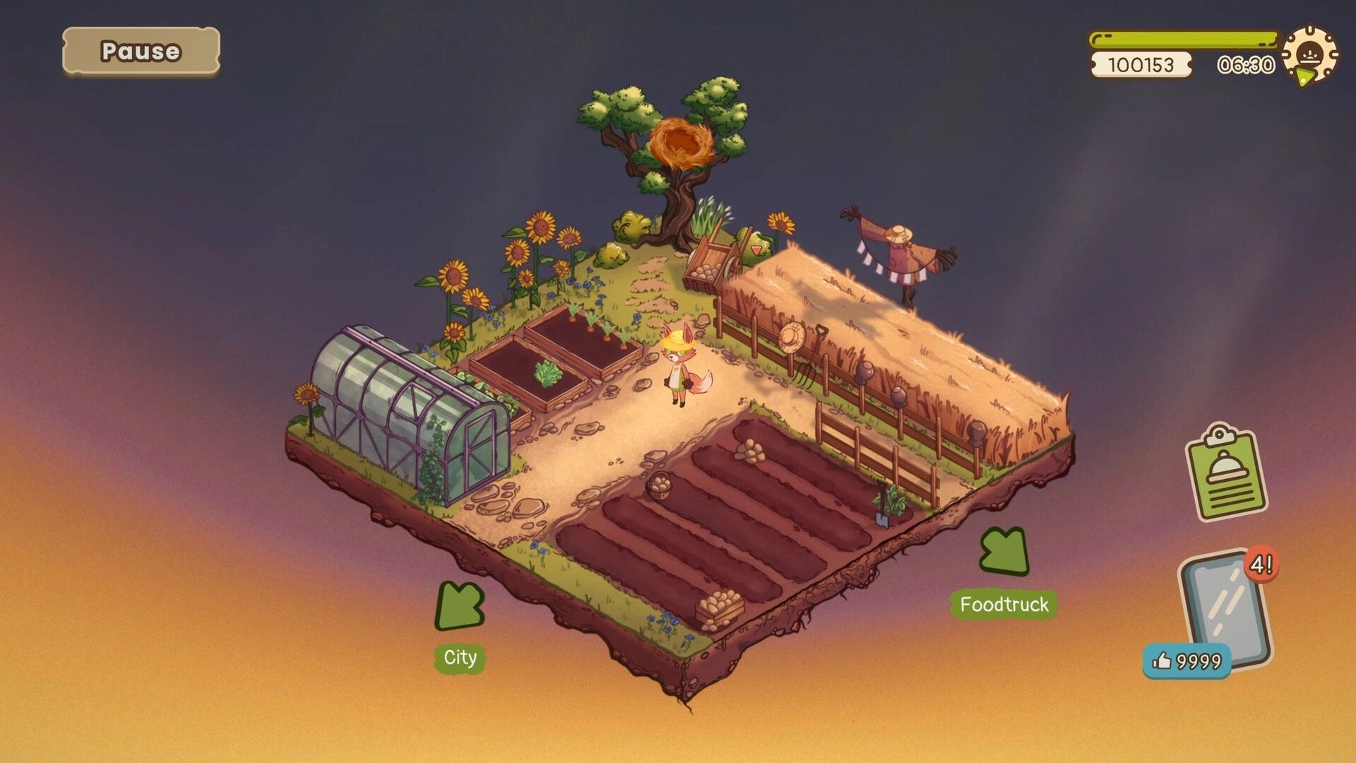 Foxy Dumplings: Fox character on farm hub with greenhouse, plots, City and Foodtruck arrows UI.