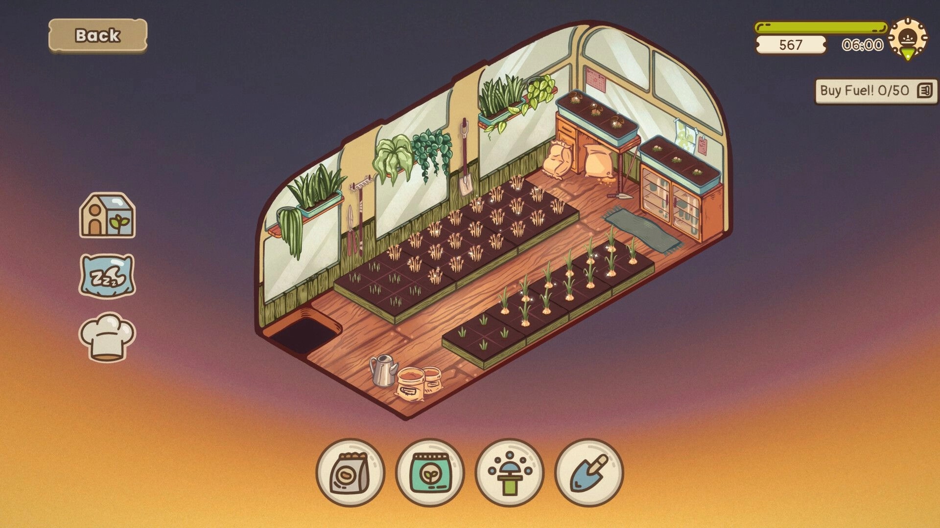 Foxy Dumplings: Greenhouse gardening menu with crop beds and tools UI in a cozy indoor grow room.