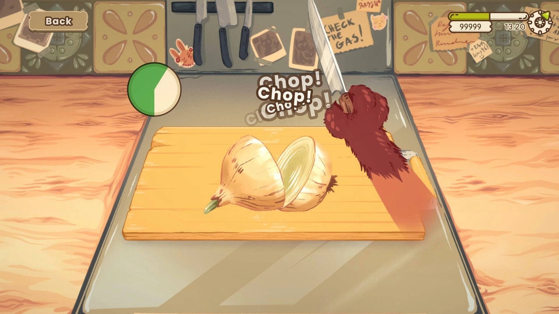 Foxy Dumplings: Chopping an onion with a knife minigame UI on a food truck cutting board station.
