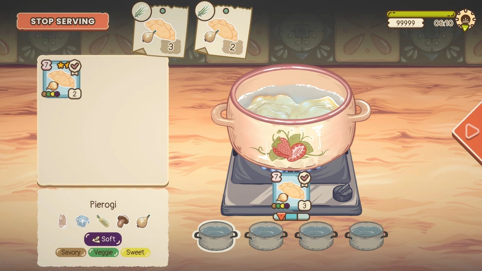 Foxy Dumplings: Pierogi cooking UI with boiling pot and ingredient cards on a wooden counter kitchen.