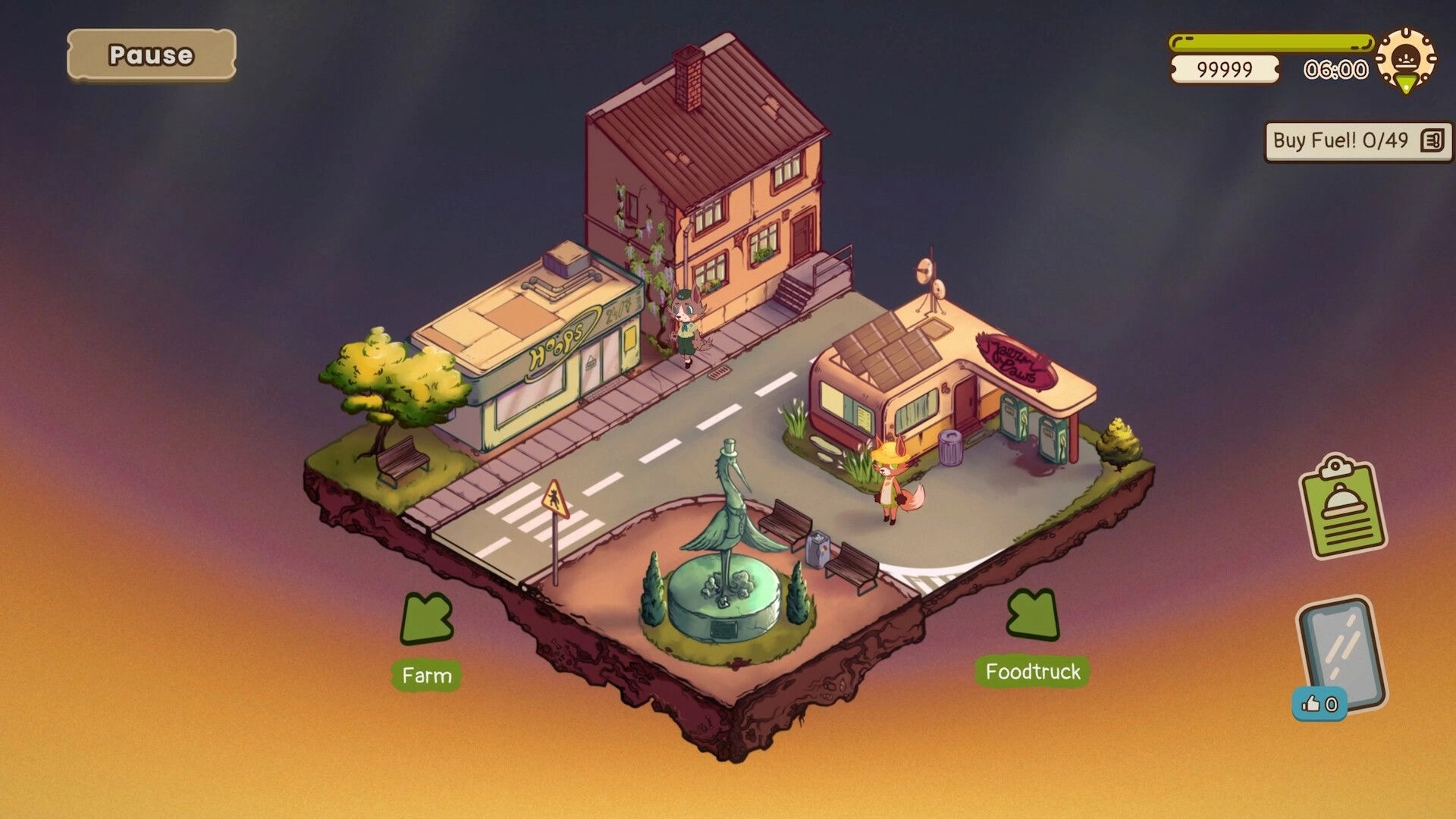 Foxy Dumplings: Isometric town hub with fox by food truck, fuel goal UI and Farm/Foodtruck arrows.