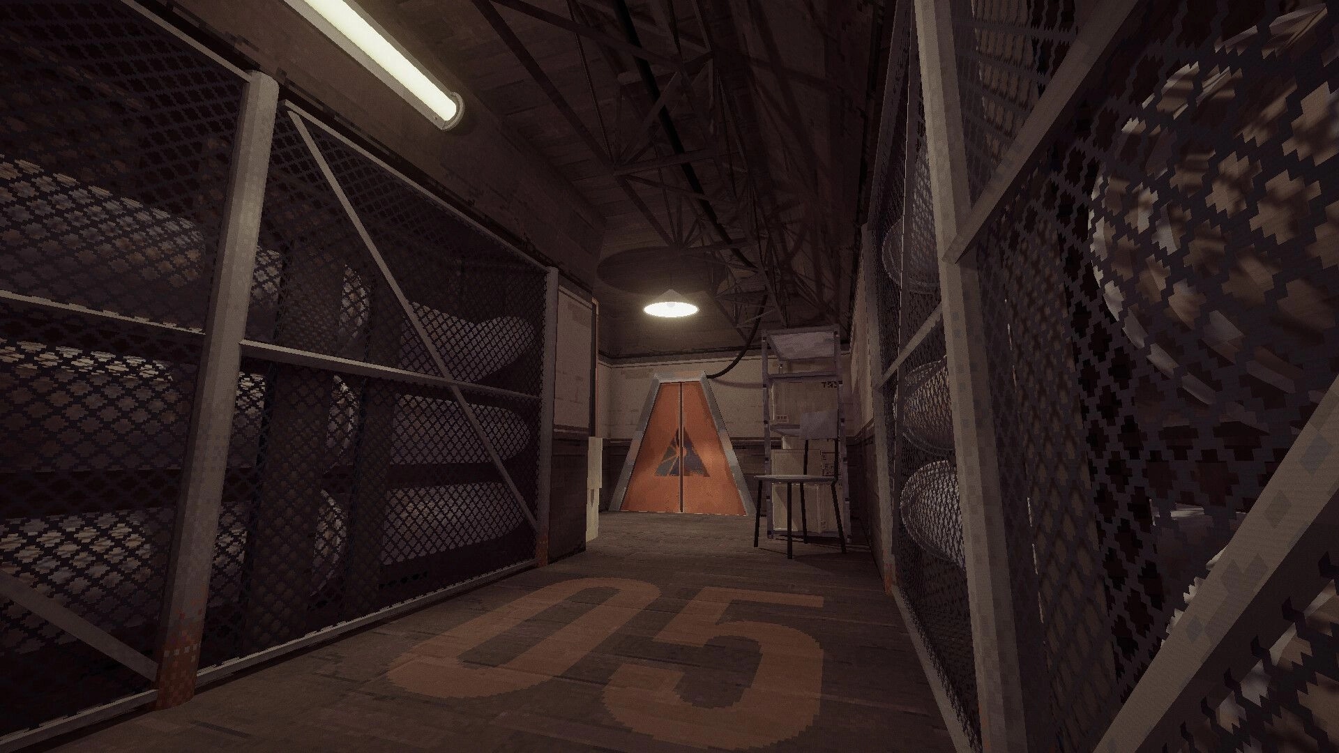 Fractal: Narrow corridor leading to orange warning door, mesh walls and crates in dim facility bay.