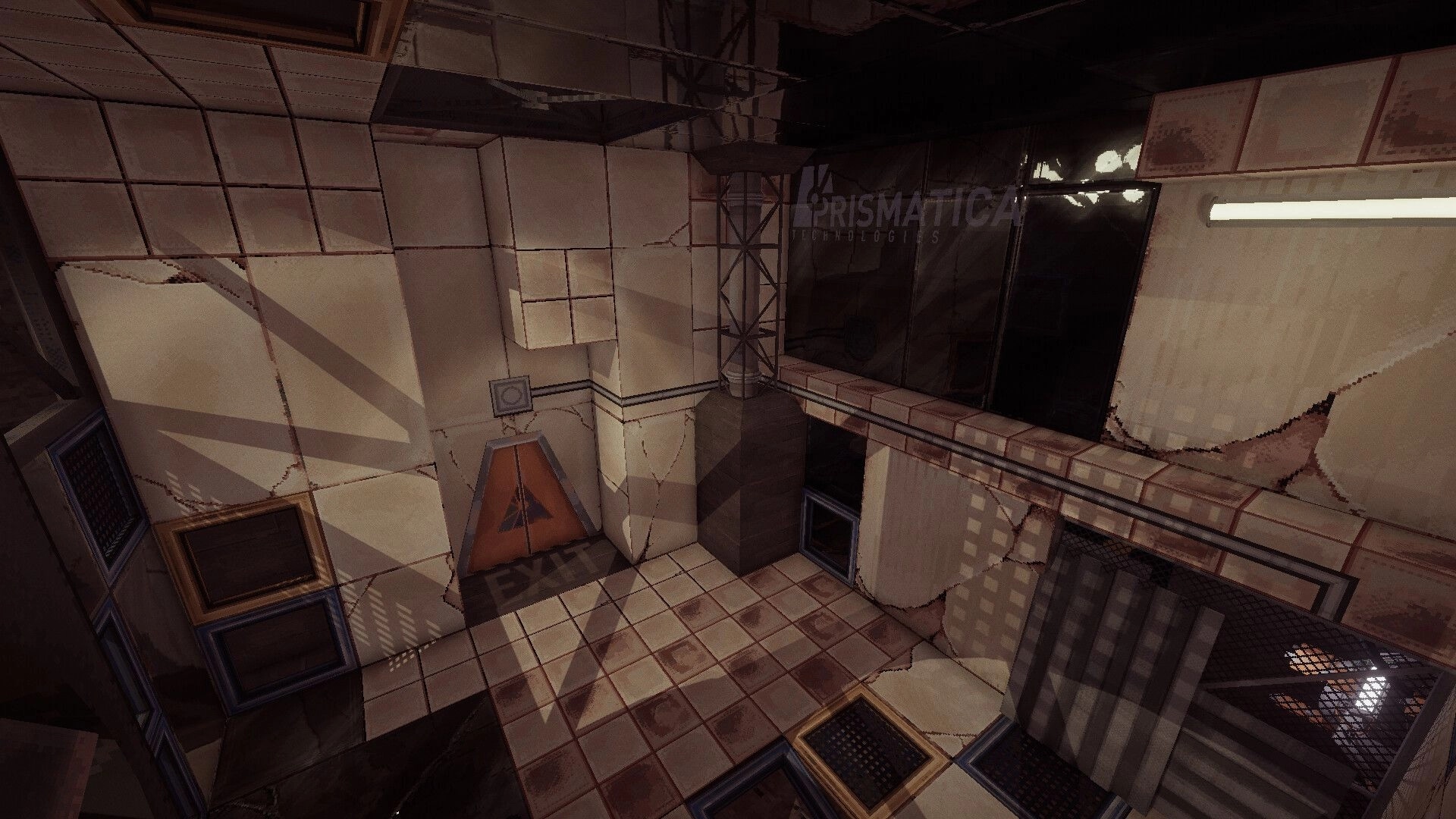 Fractal: Empty test chamber with EXIT door and catwalk over broken tiled walls and vents.