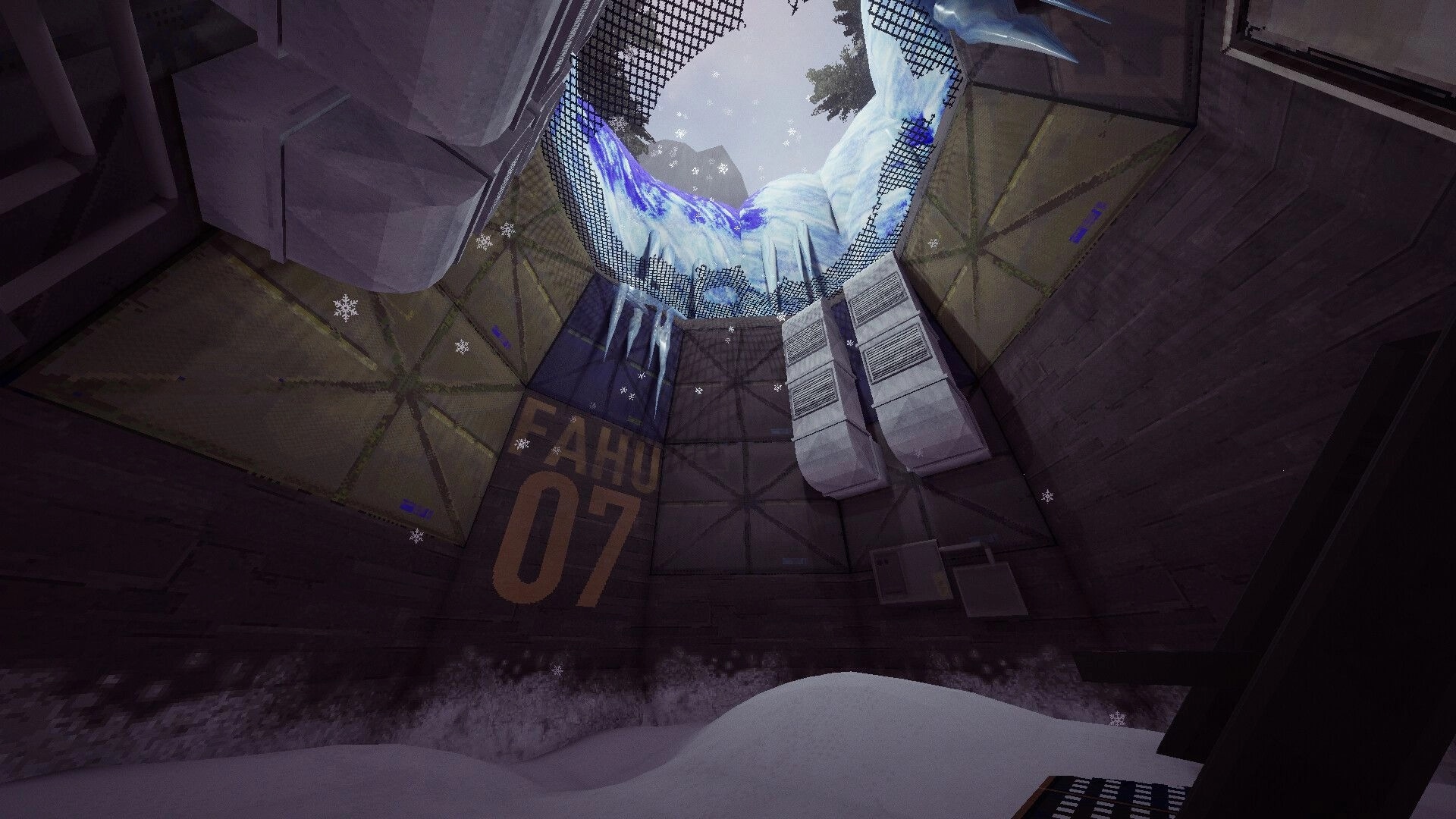 Fractal: Looking up at icy hole in ceiling with falling snow in a dim metal test chamber labeled 07.