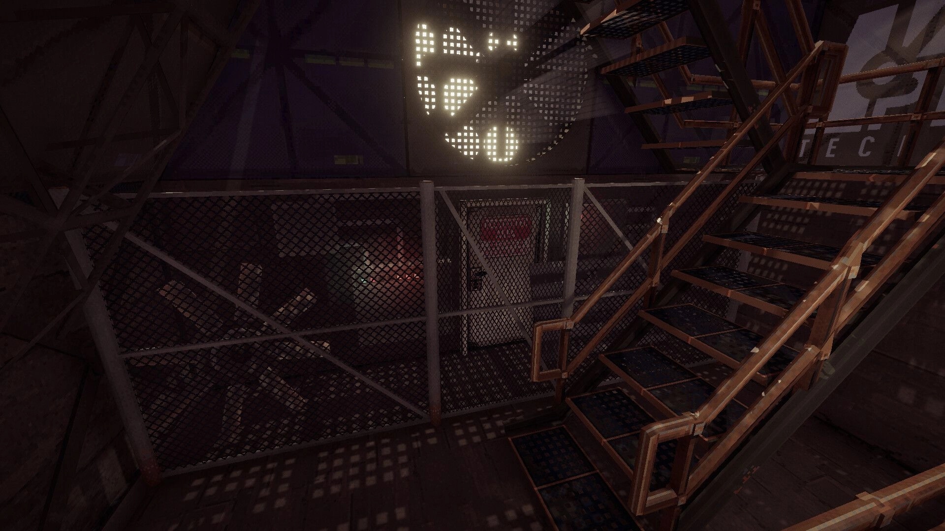Fractal: Metal stairway and mesh gate under a glowing fan light in an industrial facility interior.