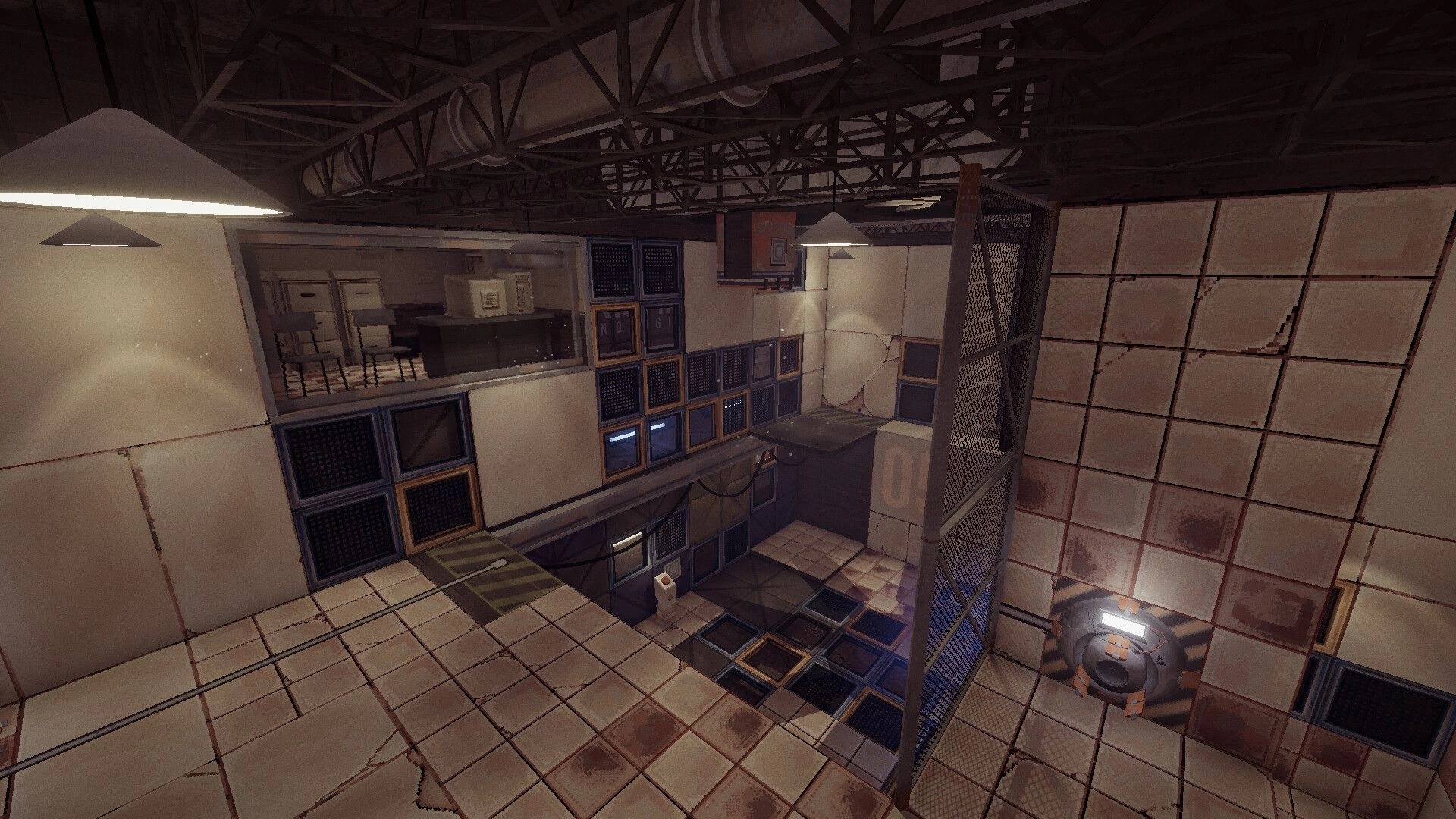 Fractal: View of tiled test chamber with ledges, blue panels, and a fenced drop to a portal pad below.