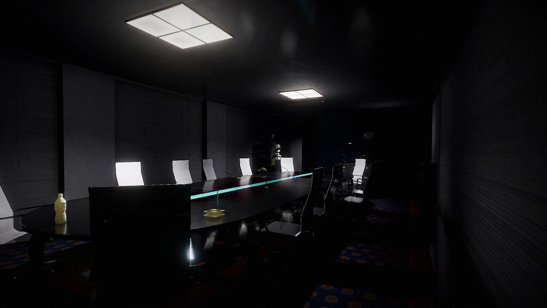 Fracture Point: Dimly lit corporate boardroom with long table, empty chairs, and ceiling lights overhead