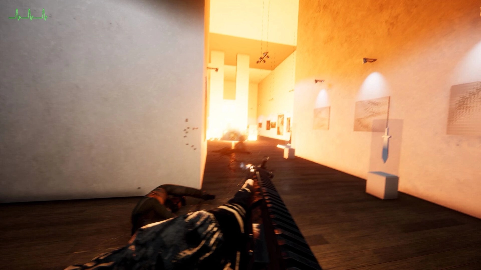 Fracture Point: First-person shooter aiming at enemies in a brightly lit corridor with art on walls.