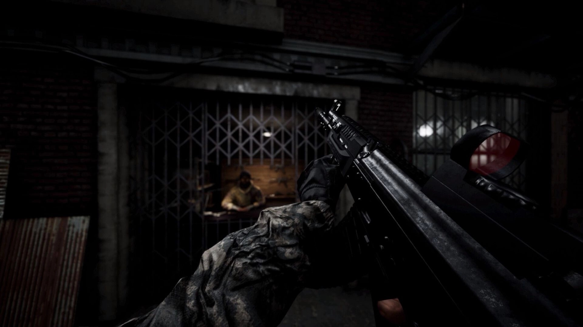 Fracture Point: First-person view reloading a rifle in a dimly lit alley with a vendor behind metal bars.