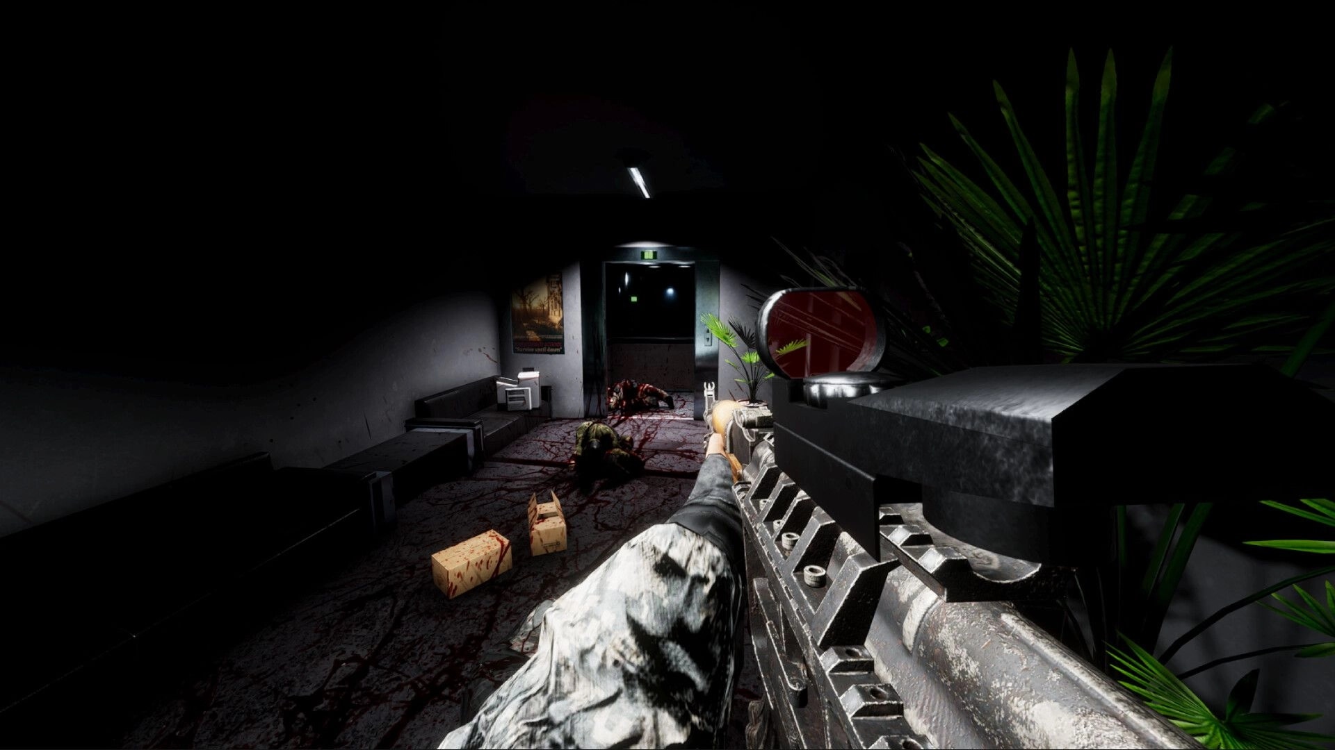 Fracture Point: First-person view aiming rifle down dark, blood-stained corridor with fallen enemies ahead
