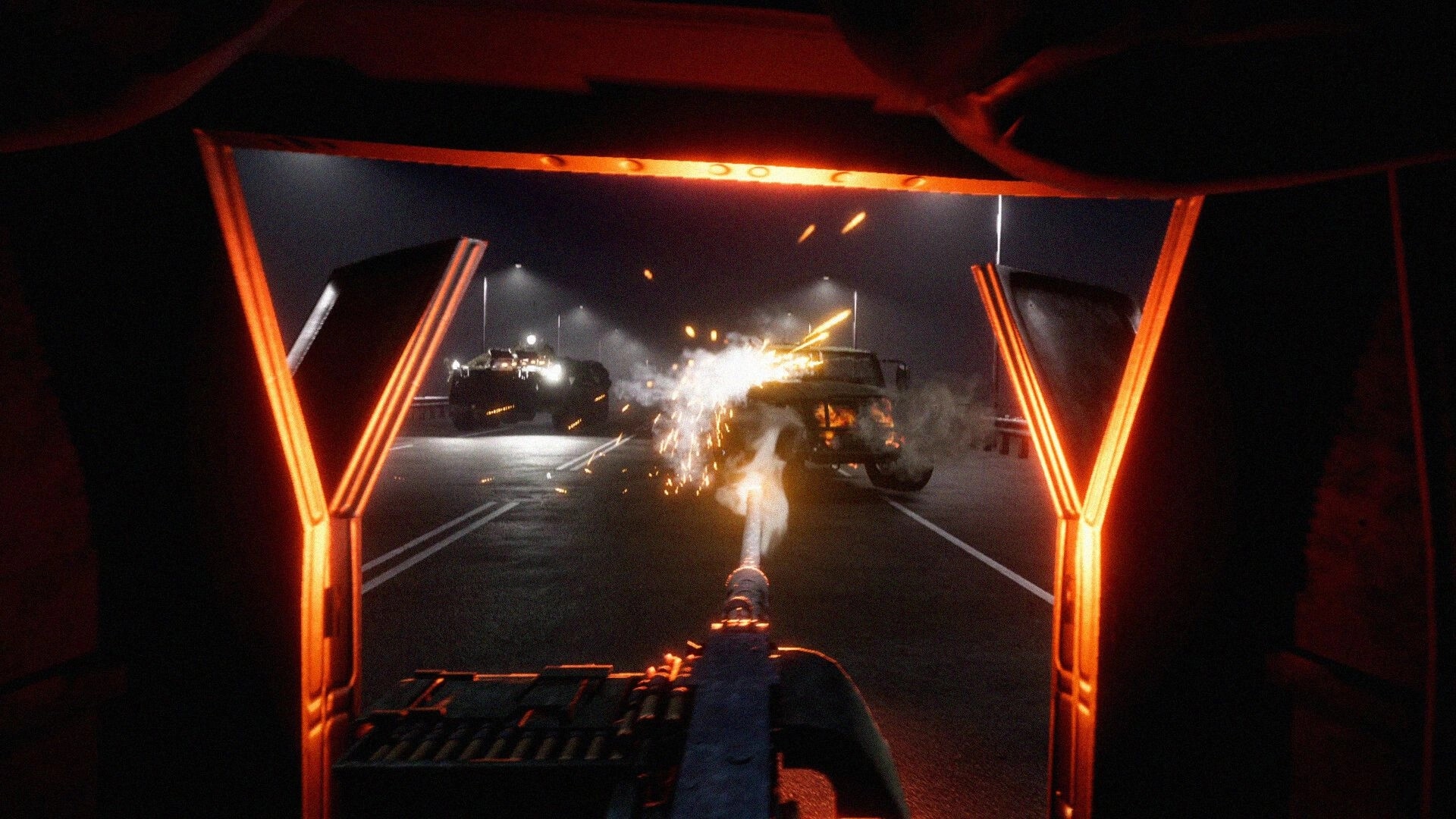 Fracture Point: Player fires mounted gun at enemy vehicles on a dark highway under streetlights.